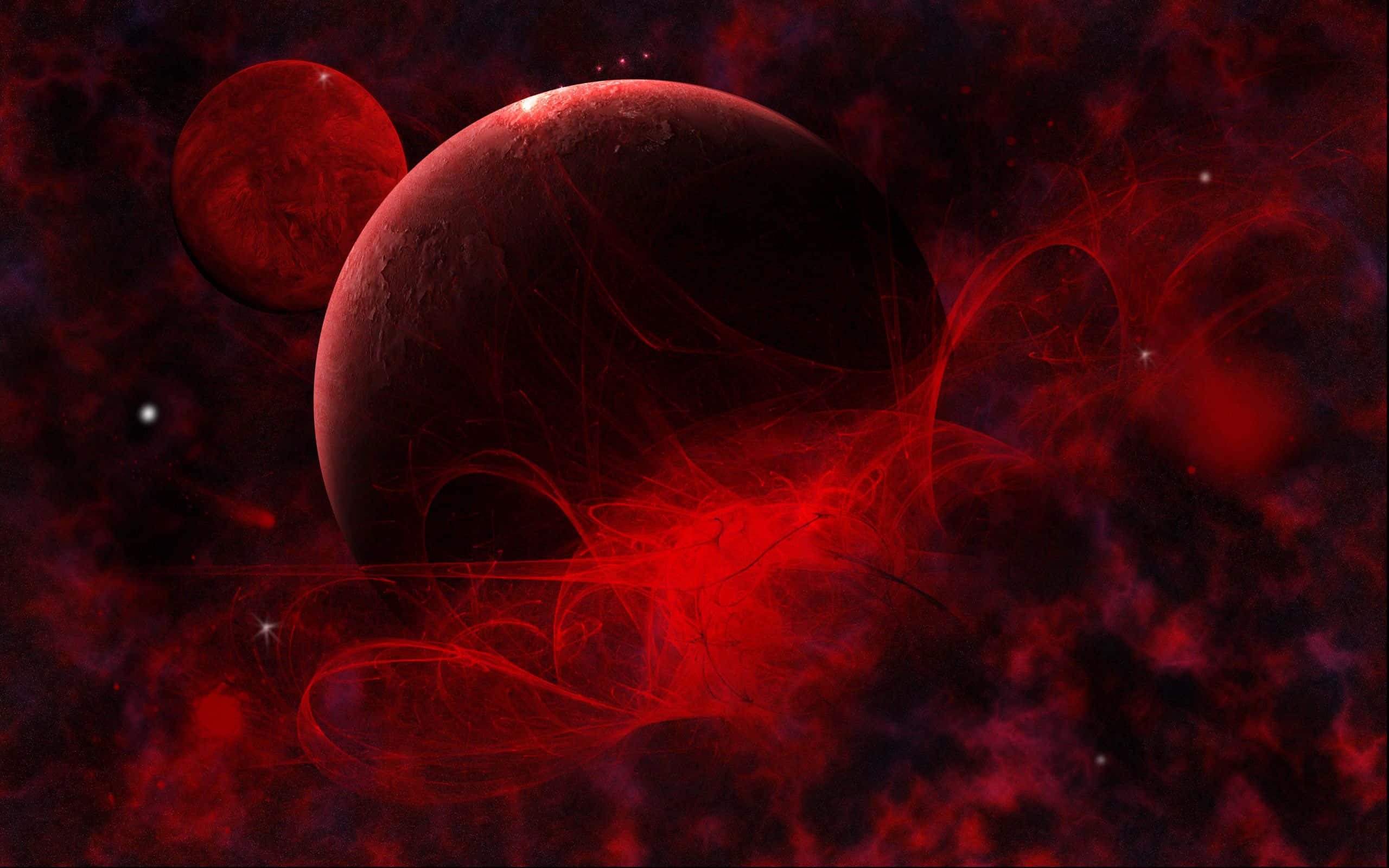 Red Space, crimson planets, swirling nebula, 2K Desktop Wallpaper