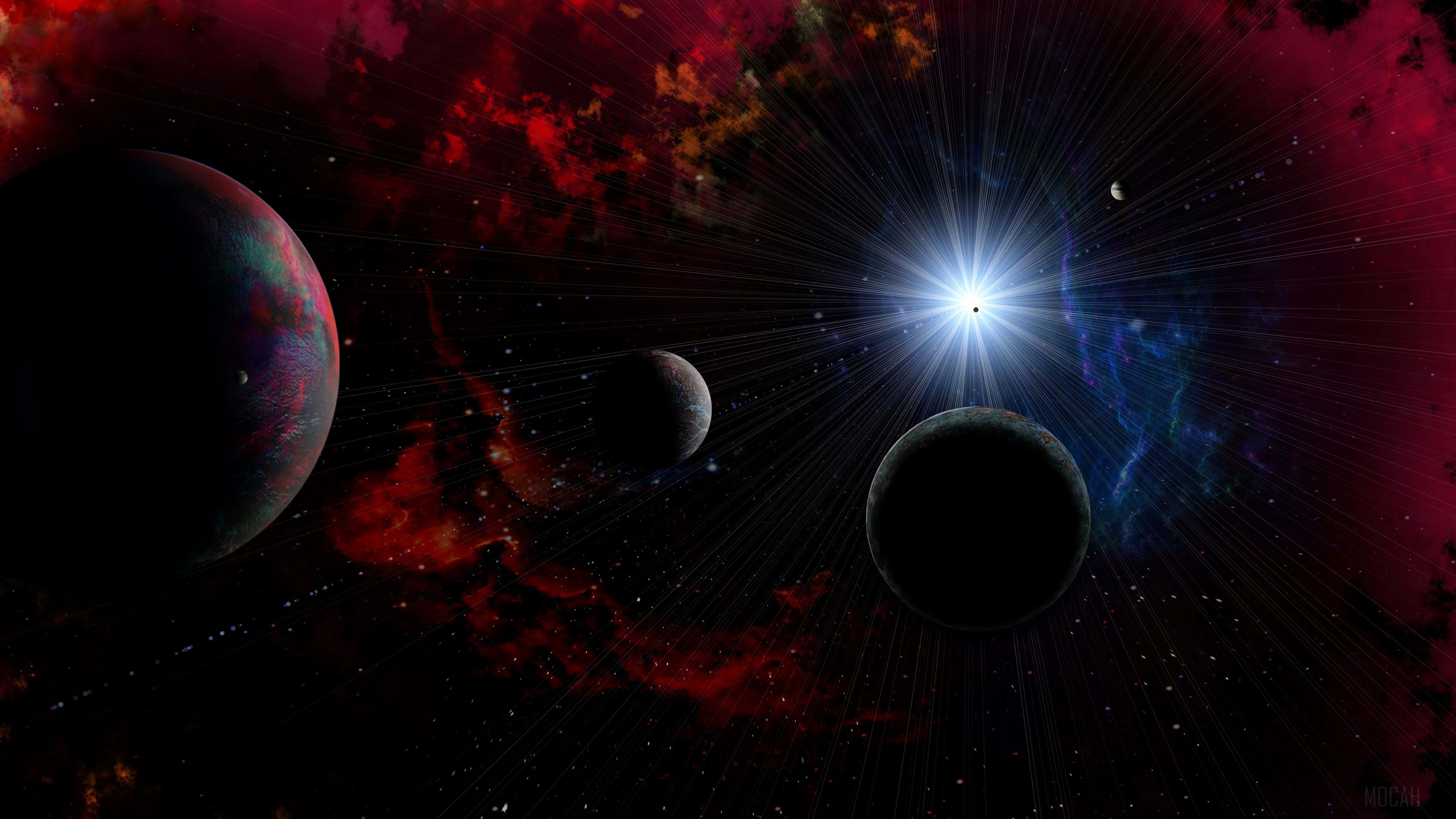 Red Space, starburst, dark planets, 4K Desktop Wallpaper