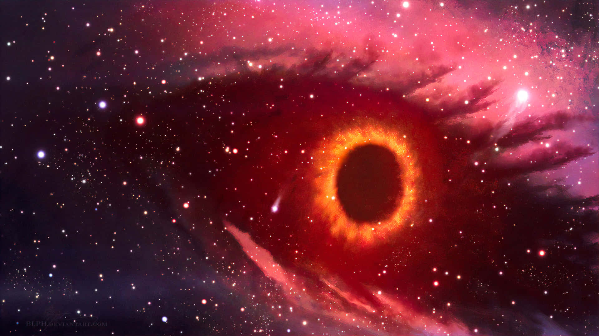 Red Space, glowing red black hole, swirling nebulae, Full HD Desktop Wallpaper