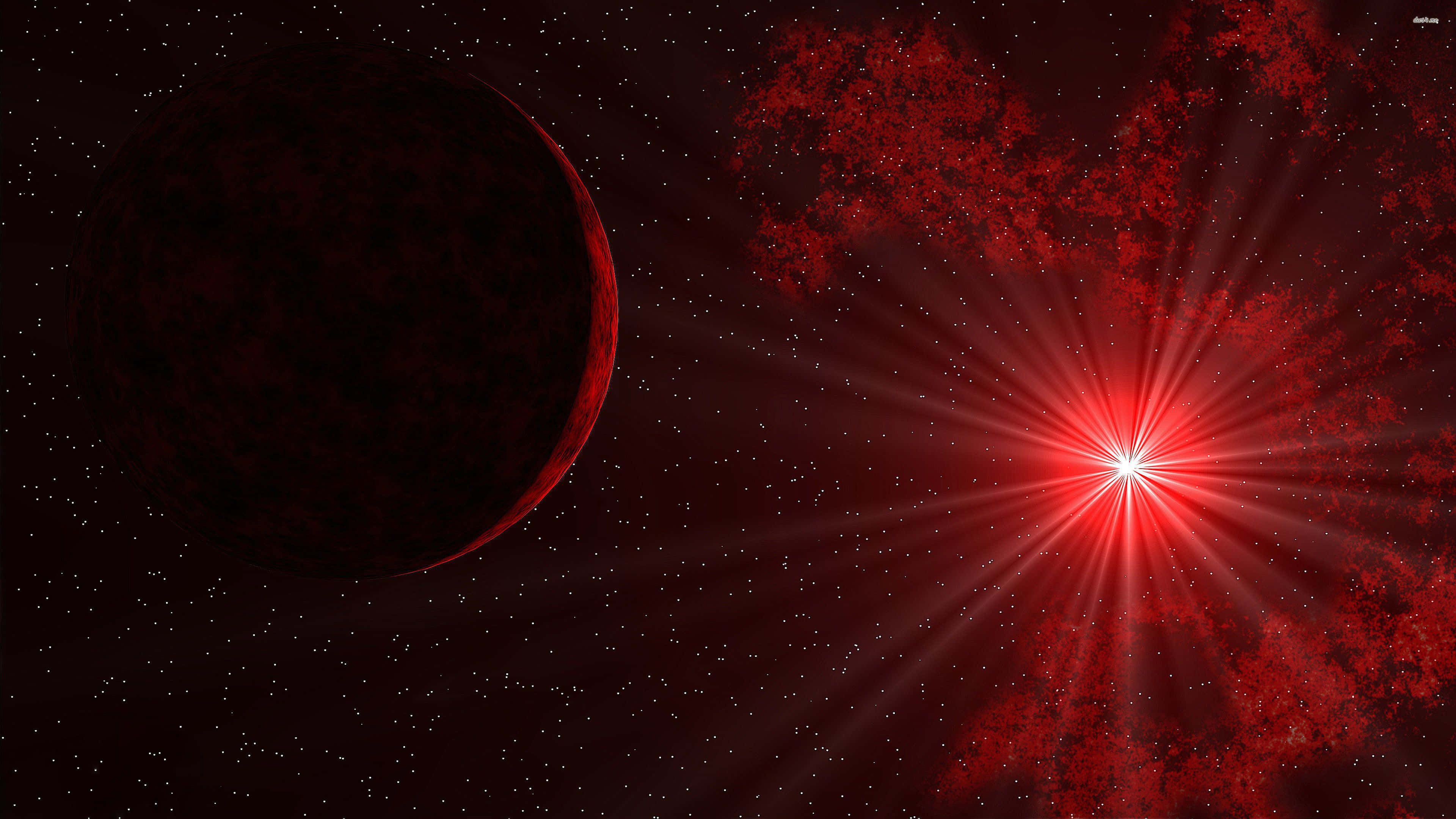 Red Space, dark red planet, radiant red starburst, 4K Desktop Wallpaper