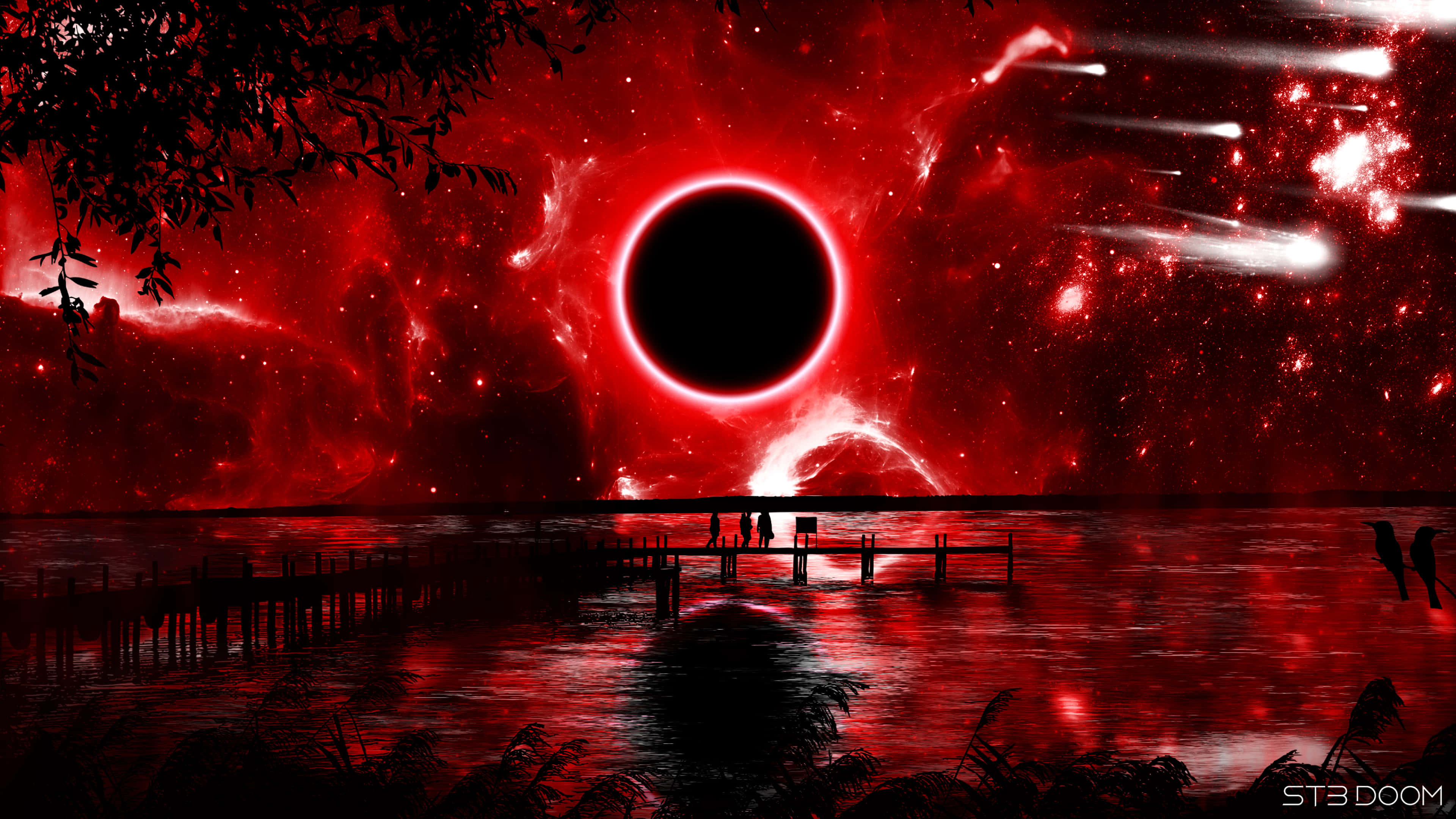 Red Space, cosmic red eclipse, reflective lake, 4K Desktop Wallpaper