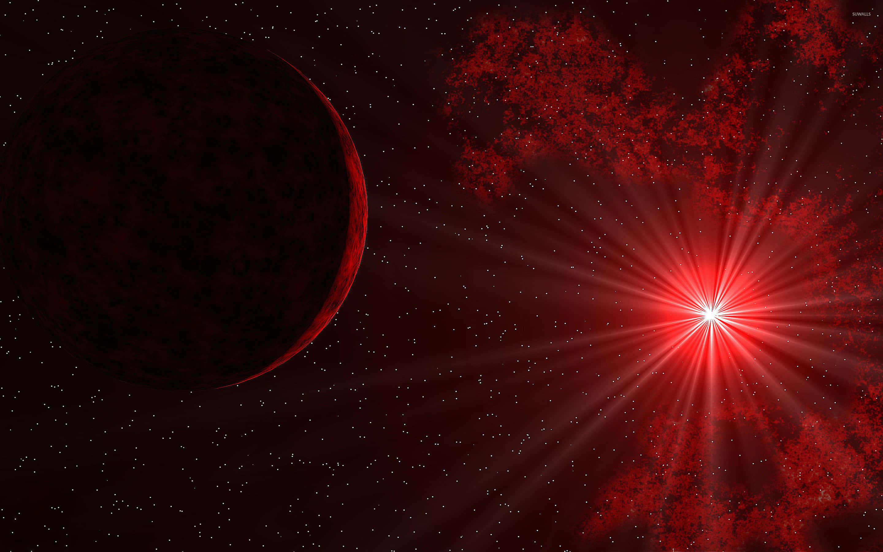Red Space, planet, starburst, 2K Desktop Wallpaper
