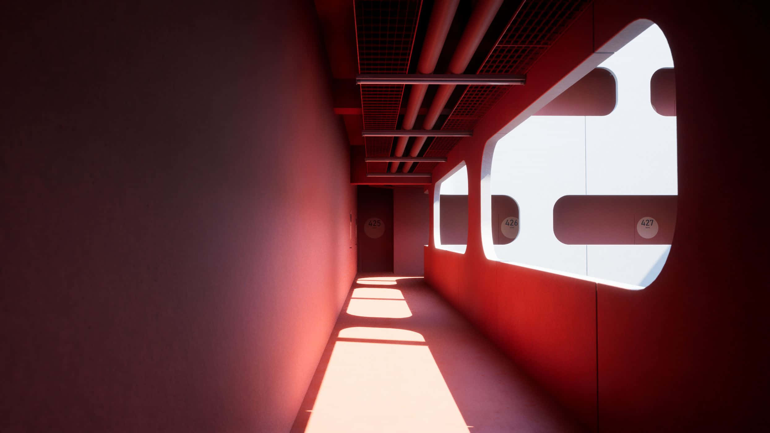 red hued corridor, liminal space, geometric windows, Full HD Desktop Wallpaper