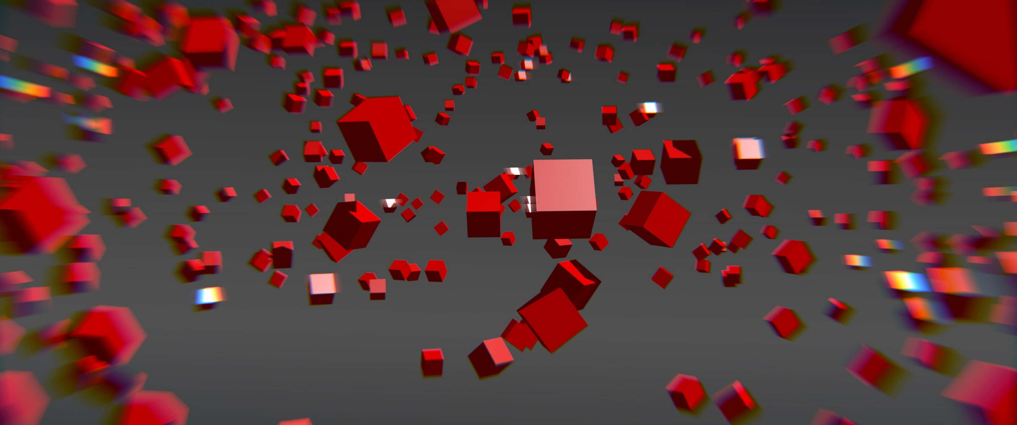 red 3d cubes, dark gray background, chromatic aberration effects, 2K Desktop Wallpaper