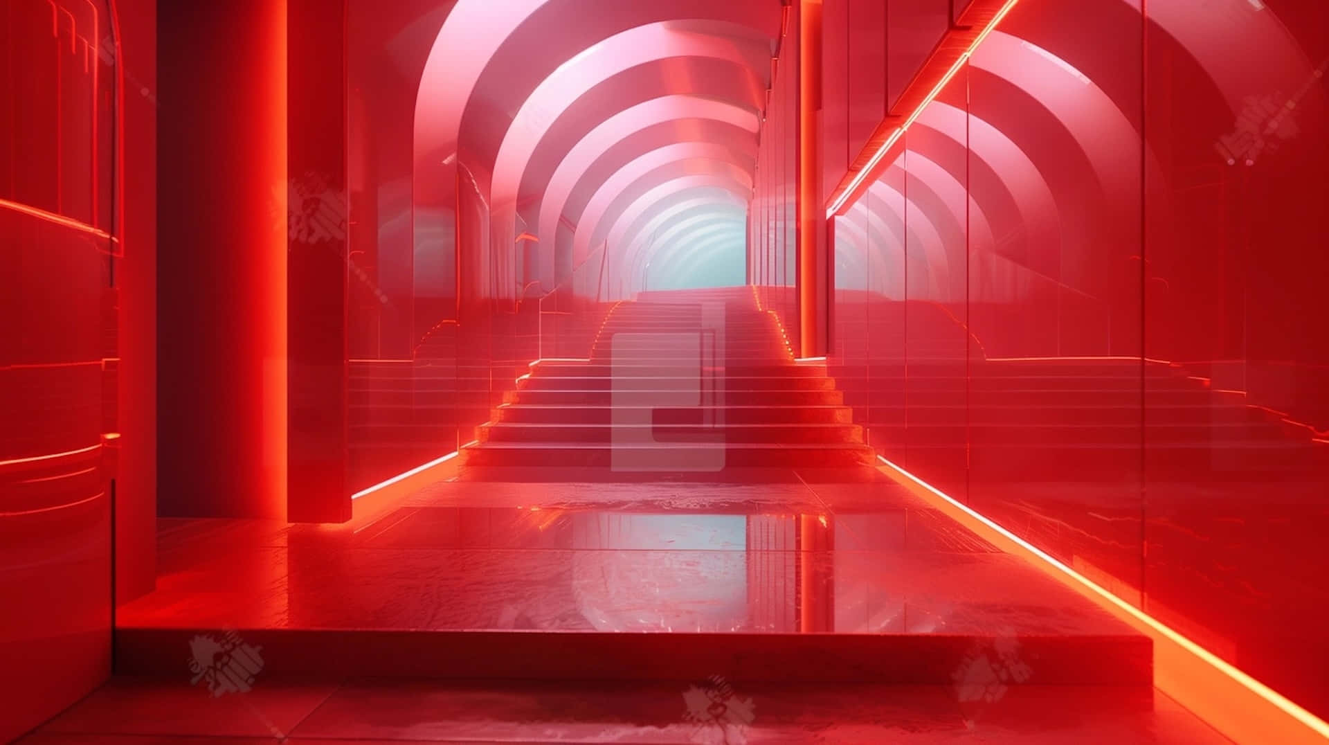 futuristic red-lit staircase, curved glass tunnel, glowing neon accents, Full HD Desktop Wallpaper