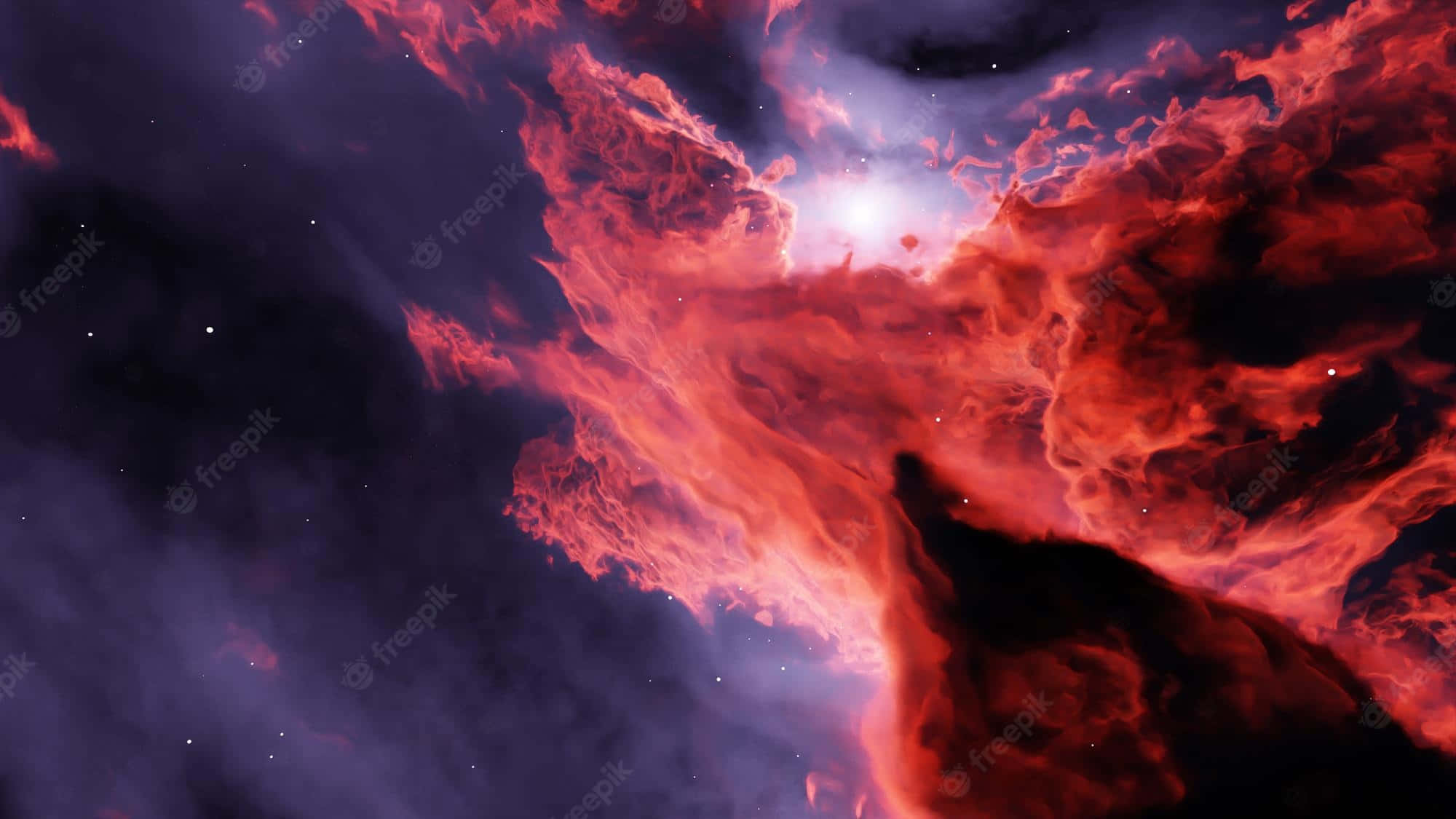 Red Space, vibrant red cosmic clouds, starry dark purple space backdrop, Full HD Desktop Wallpaper
