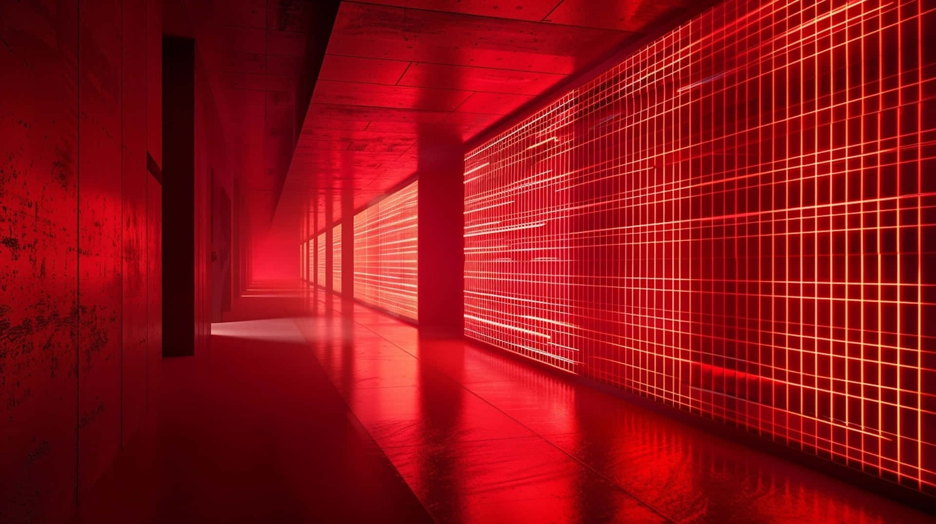 Red Grid Corridor Lighting, red light, glowing grid panels, Full HD Desktop Wallpaper
