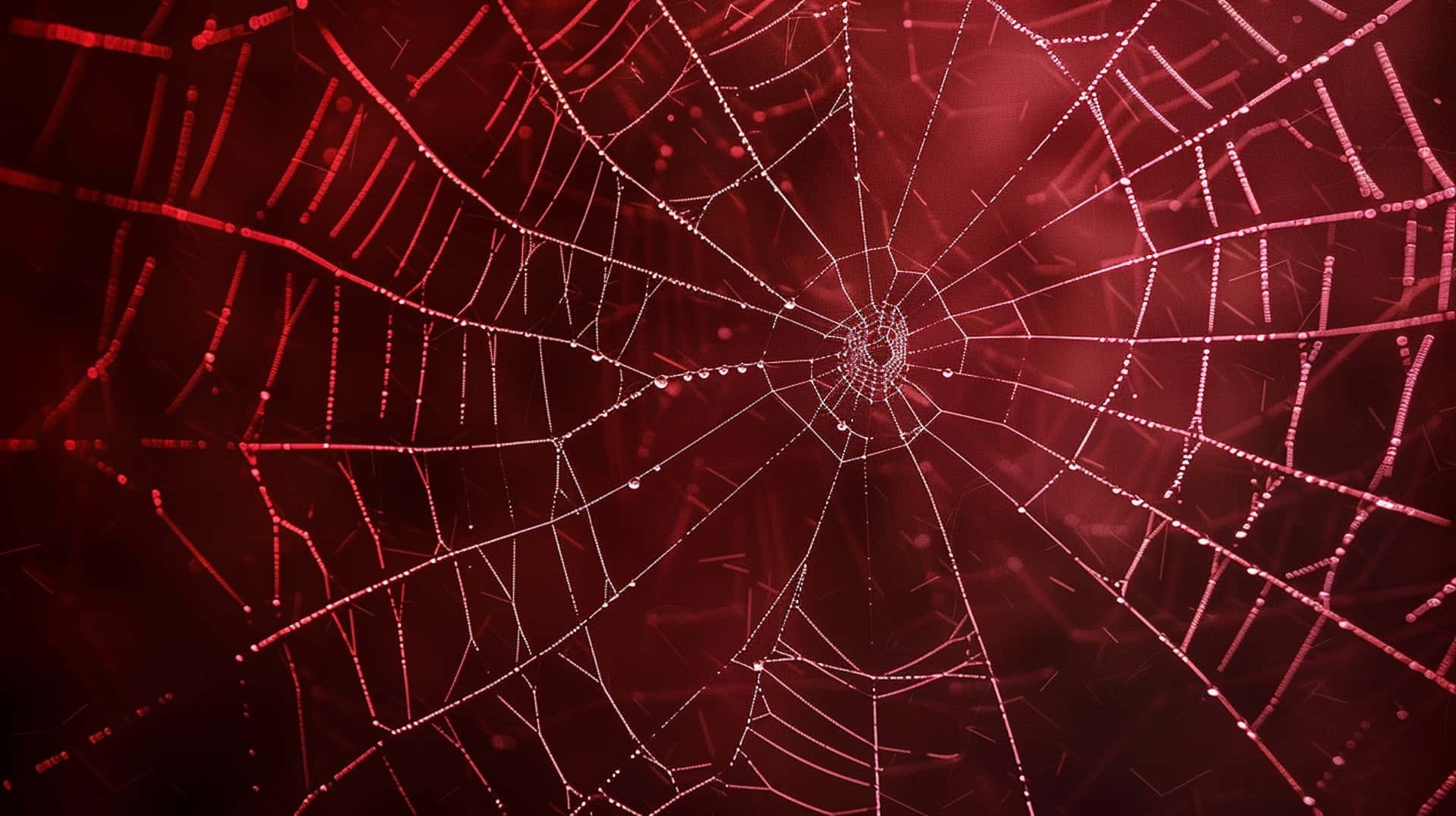 red backlit spider web, delicate spiderweb, dewdrops, Full HD Desktop Wallpaper