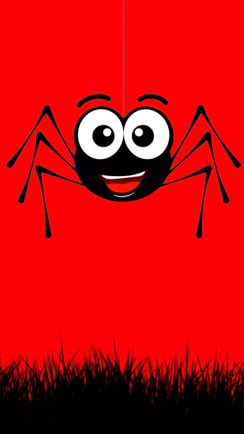Cute Dark Red Smiling Spider, vibrant red background, grass, HD Phone Wallpaper