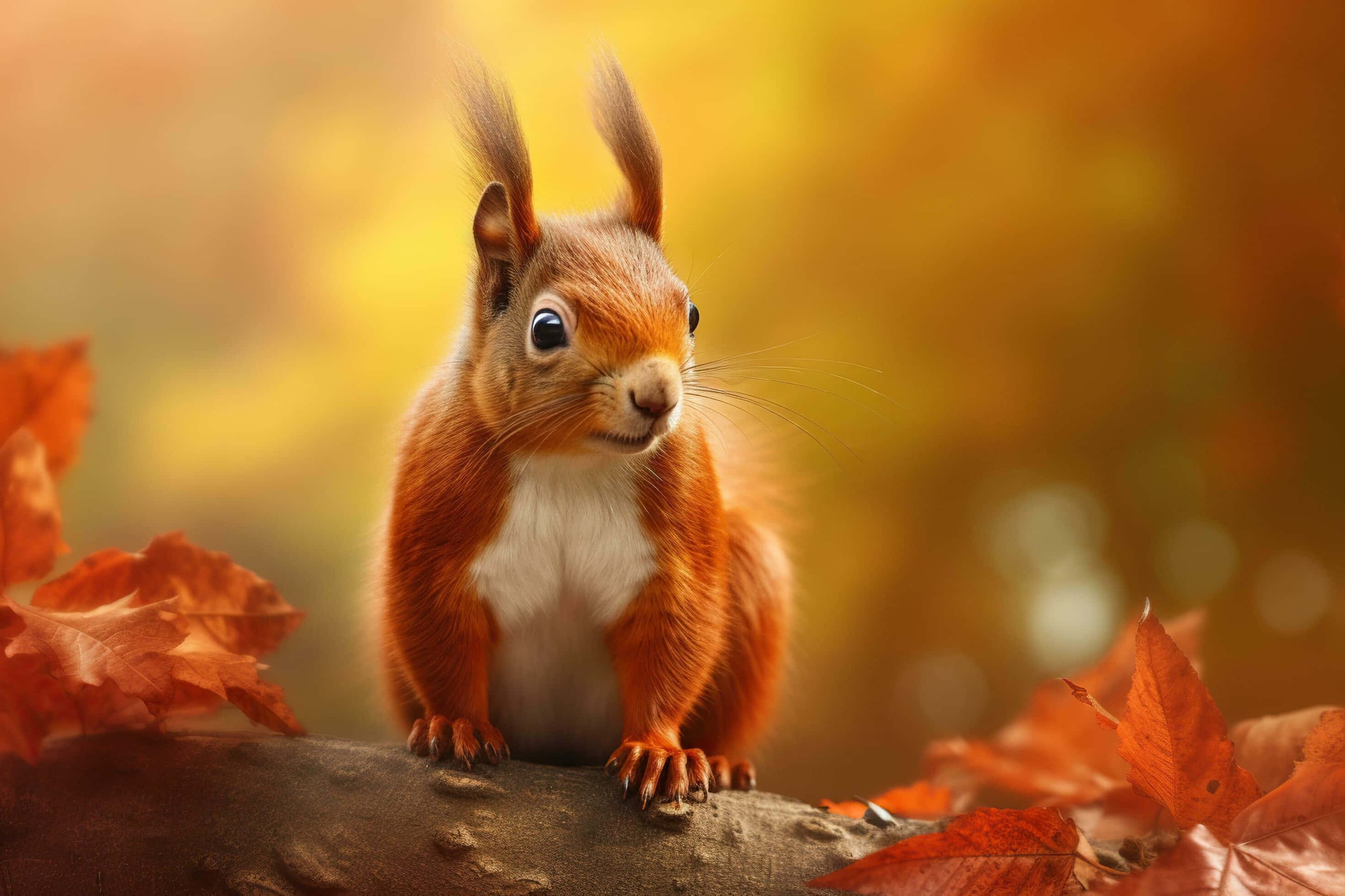 autumn red squirrel, mossy log, vibrant autumn leaves, 2K Desktop Wallpaper