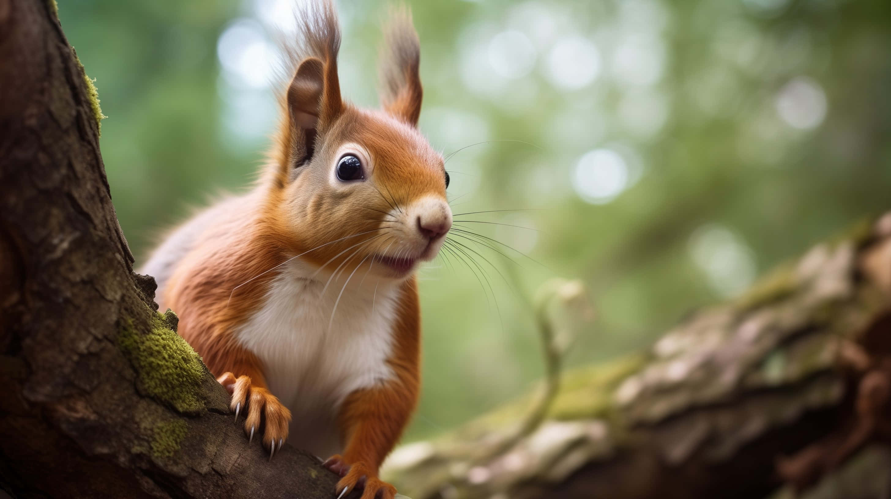 red squirrel, mossy tree branch, sunlit forest, 2K Desktop Wallpaper