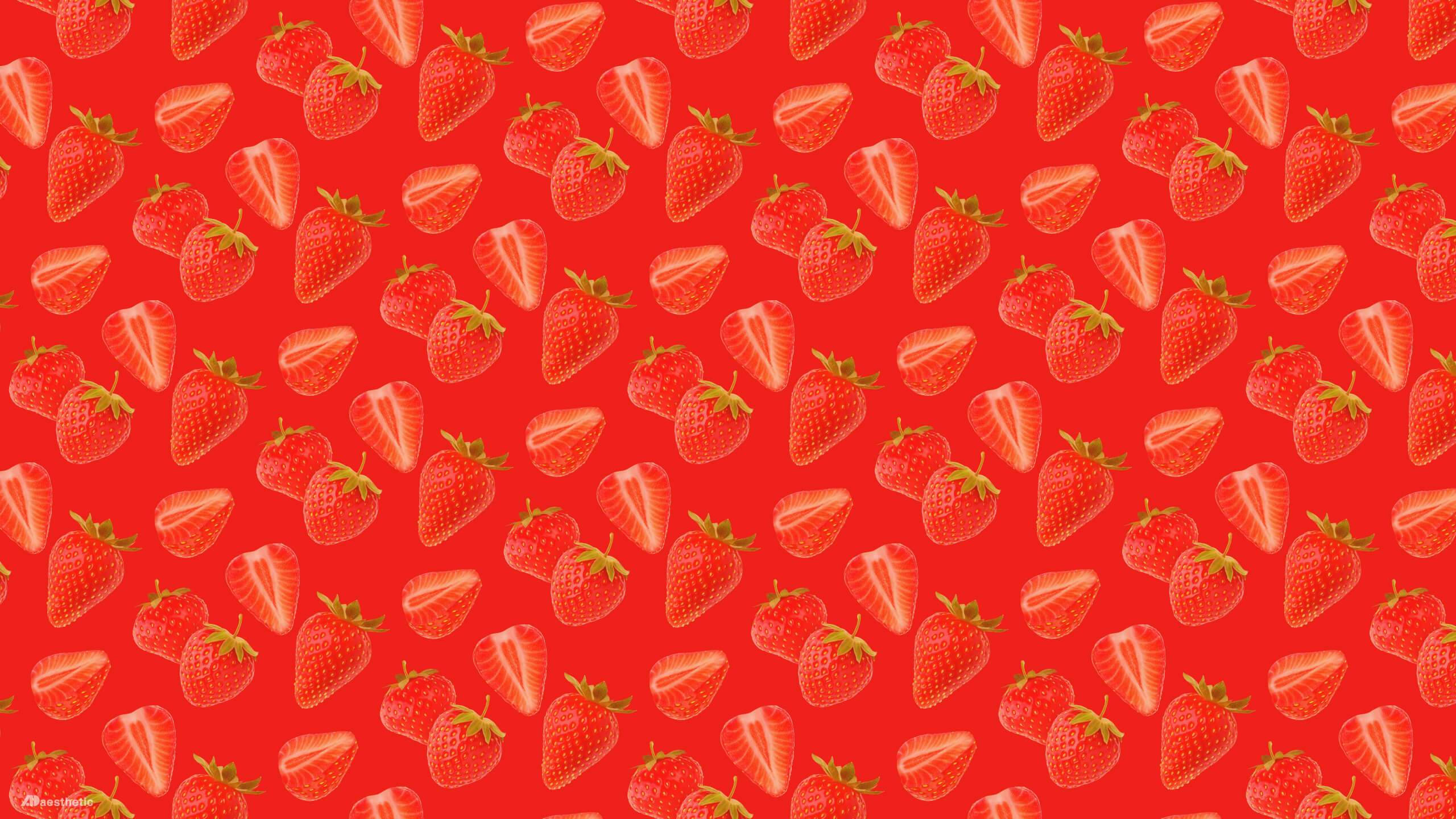 Red Aesthetic Strawberry, vibrant red background, repeating whole and sliced strawberries, 2K Desktop Wallpaper