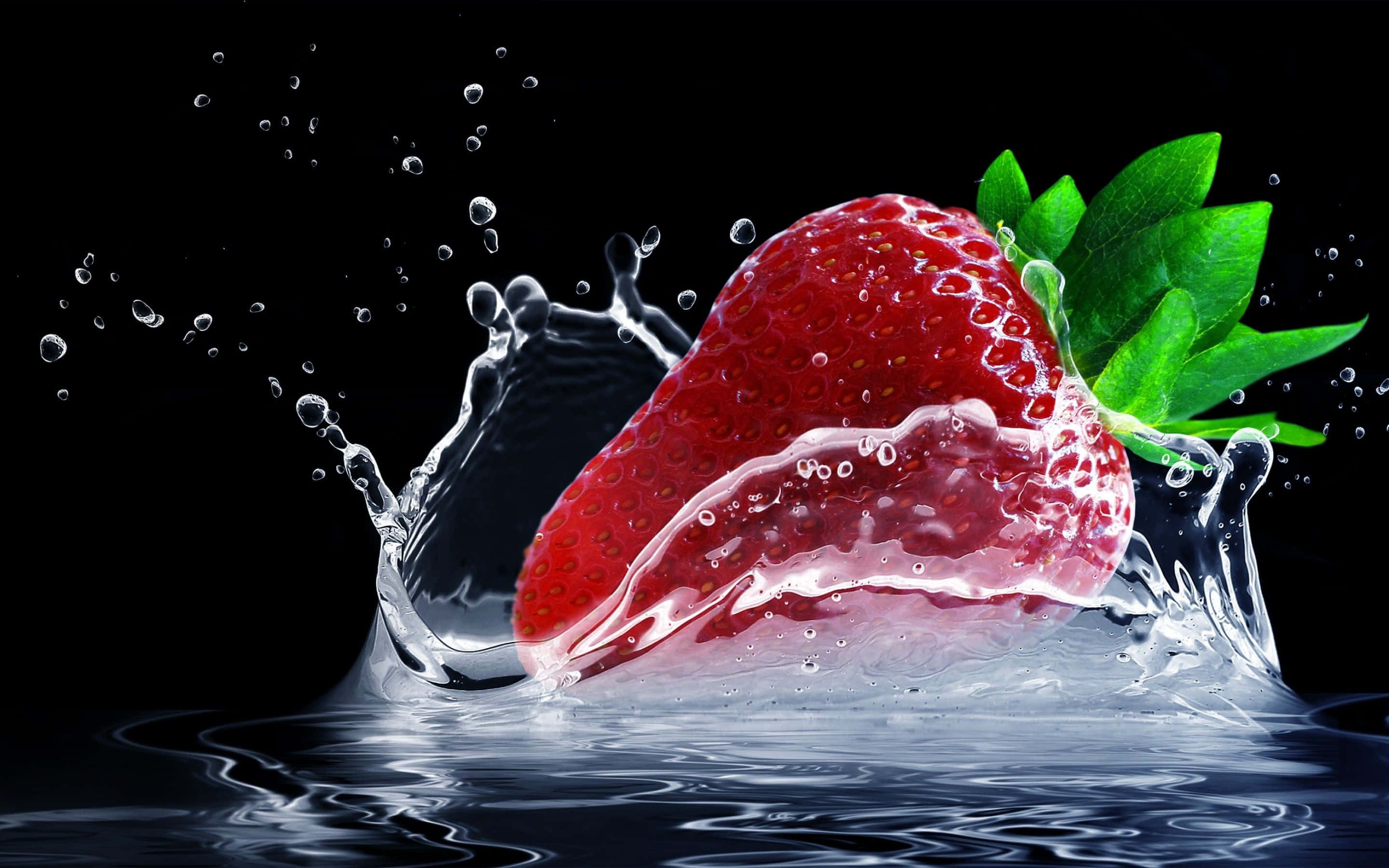 Red Strawberry, vibrant red, green leaves, 2K Desktop Wallpaper