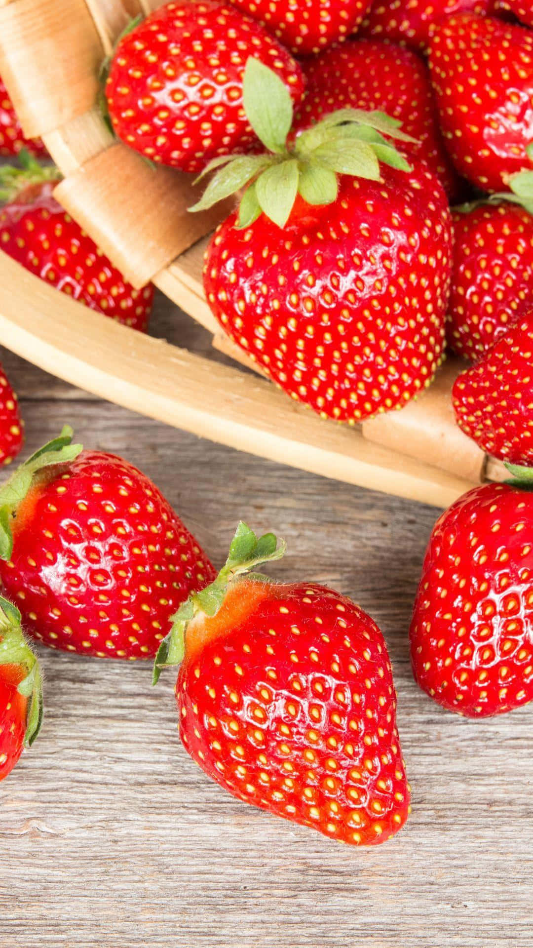 Red Strawberry, woven basket, weathered wooden surface, Full HD Phone Wallpaper