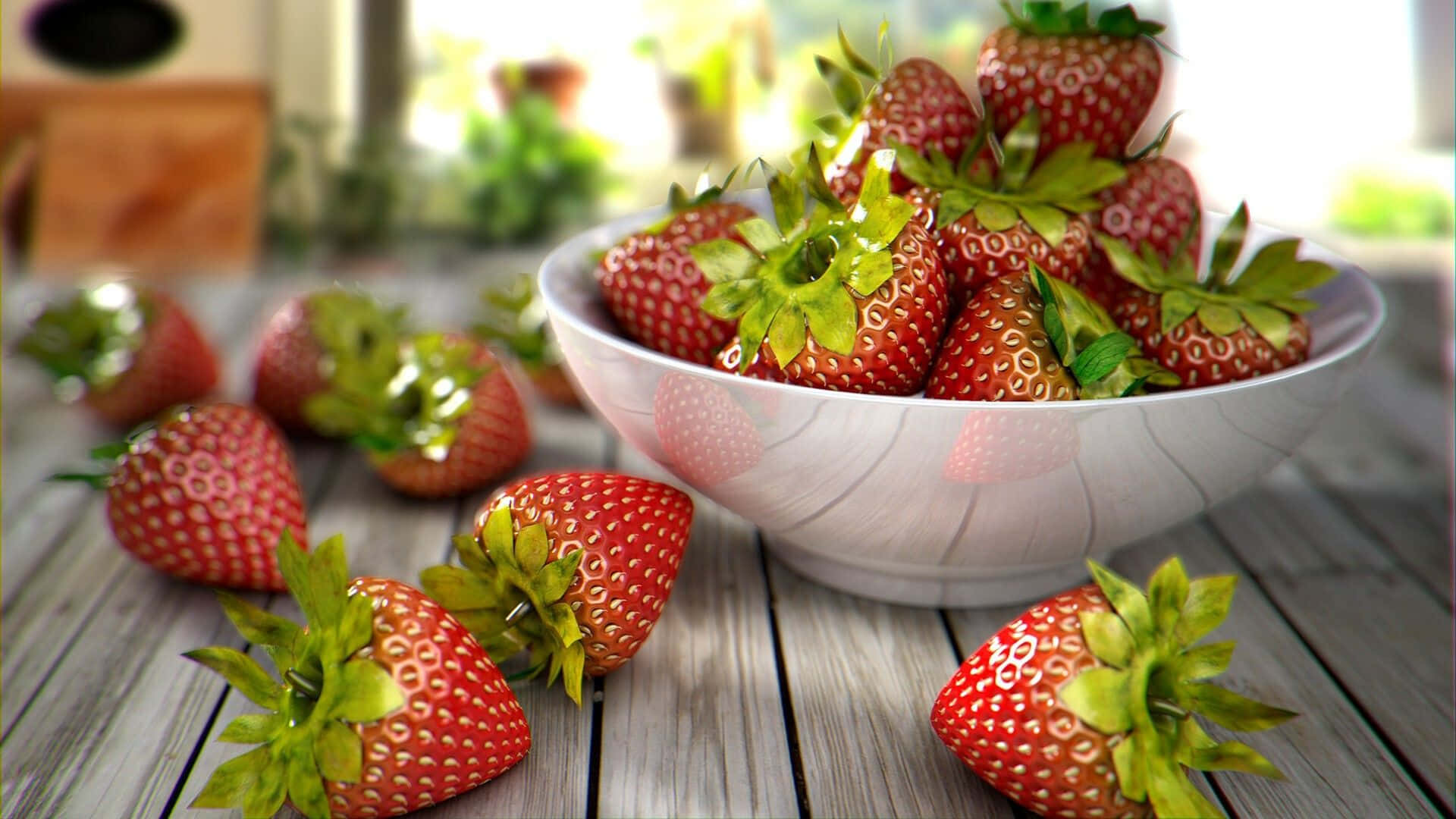 Red Strawberry, white bowl, weathered wooden table, Full HD Desktop Wallpaper