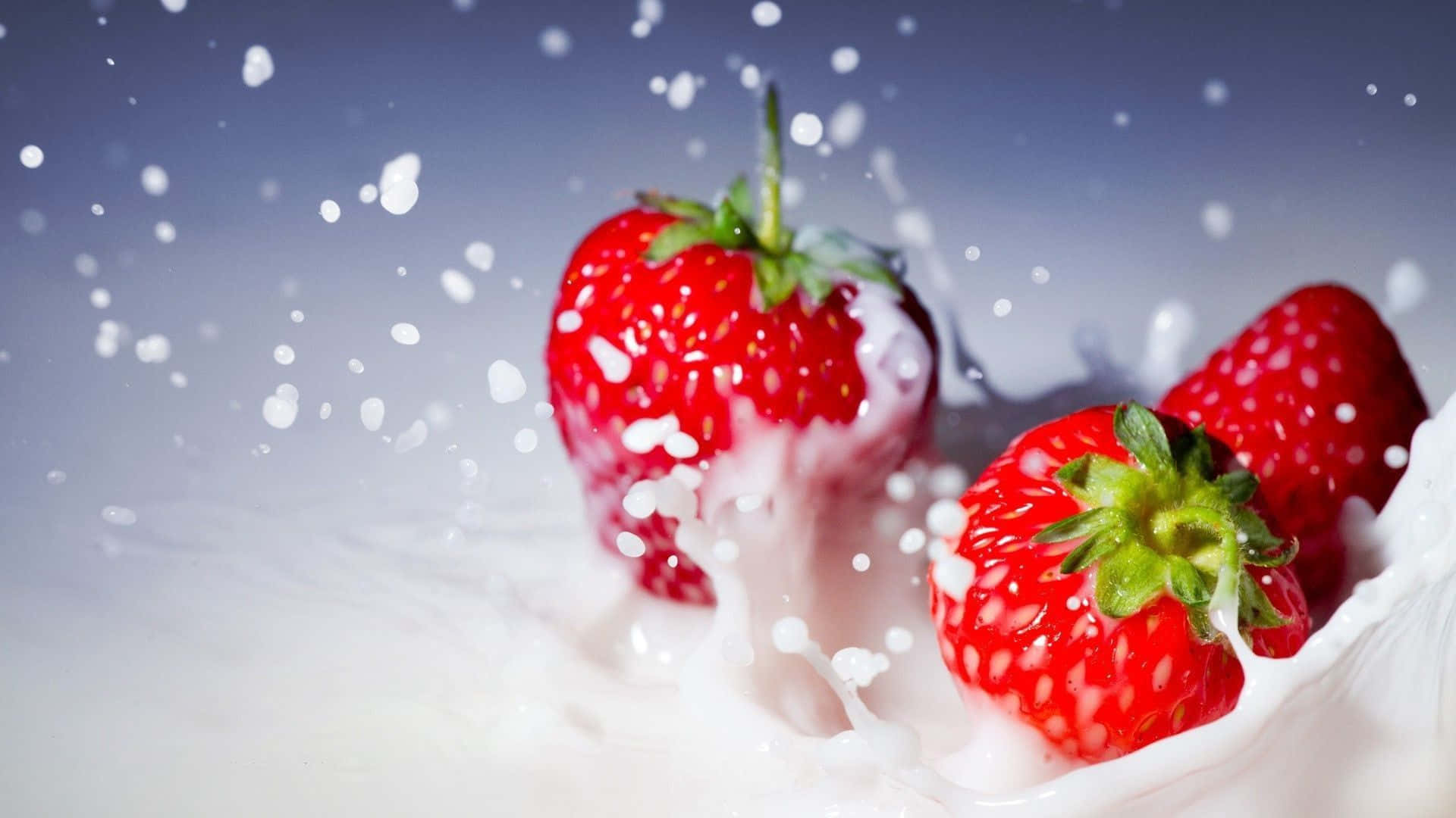 red strawberry, creamy milk splash, cool gradient background, Full HD Desktop Wallpaper
