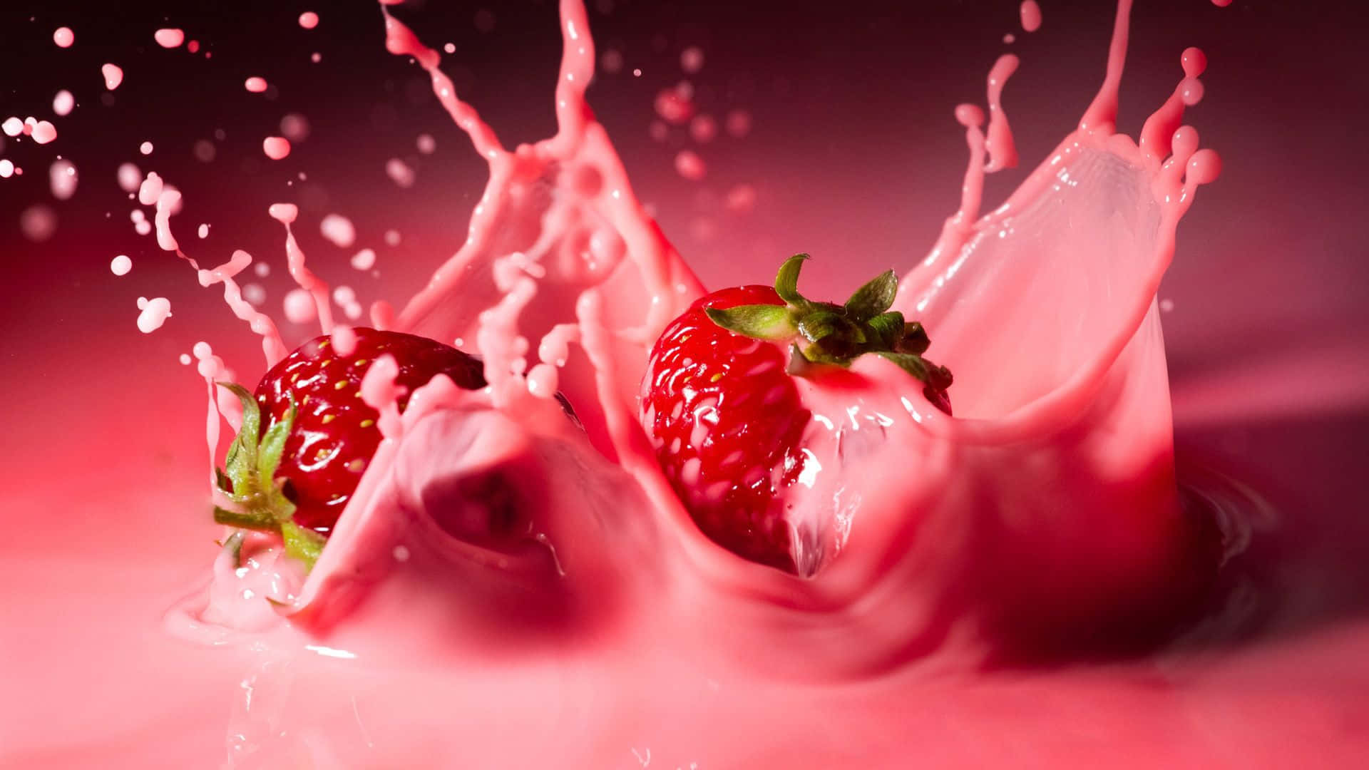 Red Strawberry, pink liquid, dark gradient background, Full HD Desktop Wallpaper
