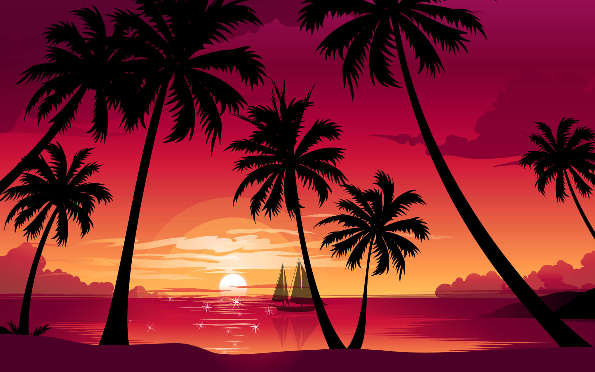 Red Orange Sunset, palm tree, sailboat, Full HD Desktop Wallpaper