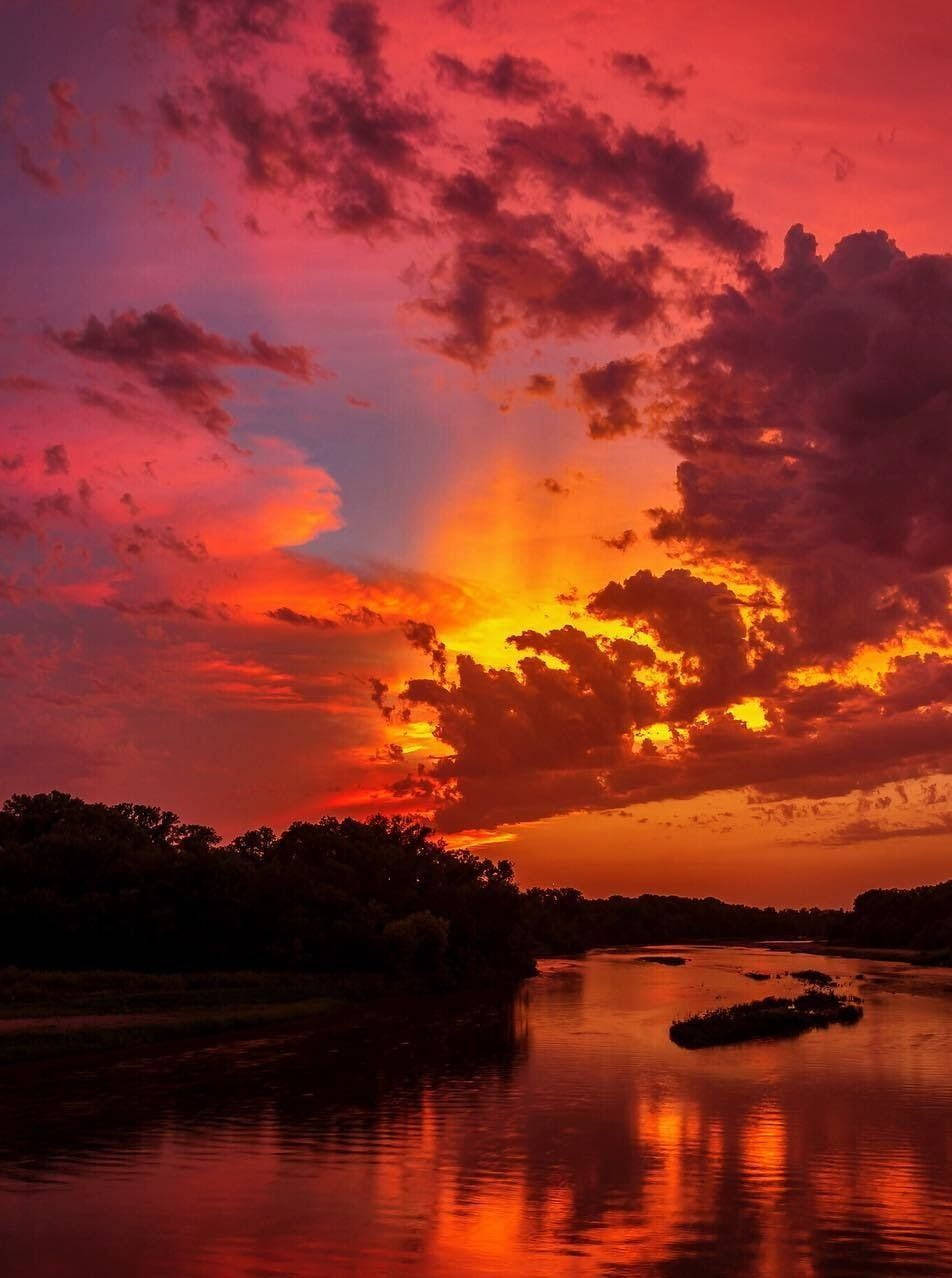 fiery red orange aesthetic sunset, river, fiery sunset, SD Phone Wallpaper