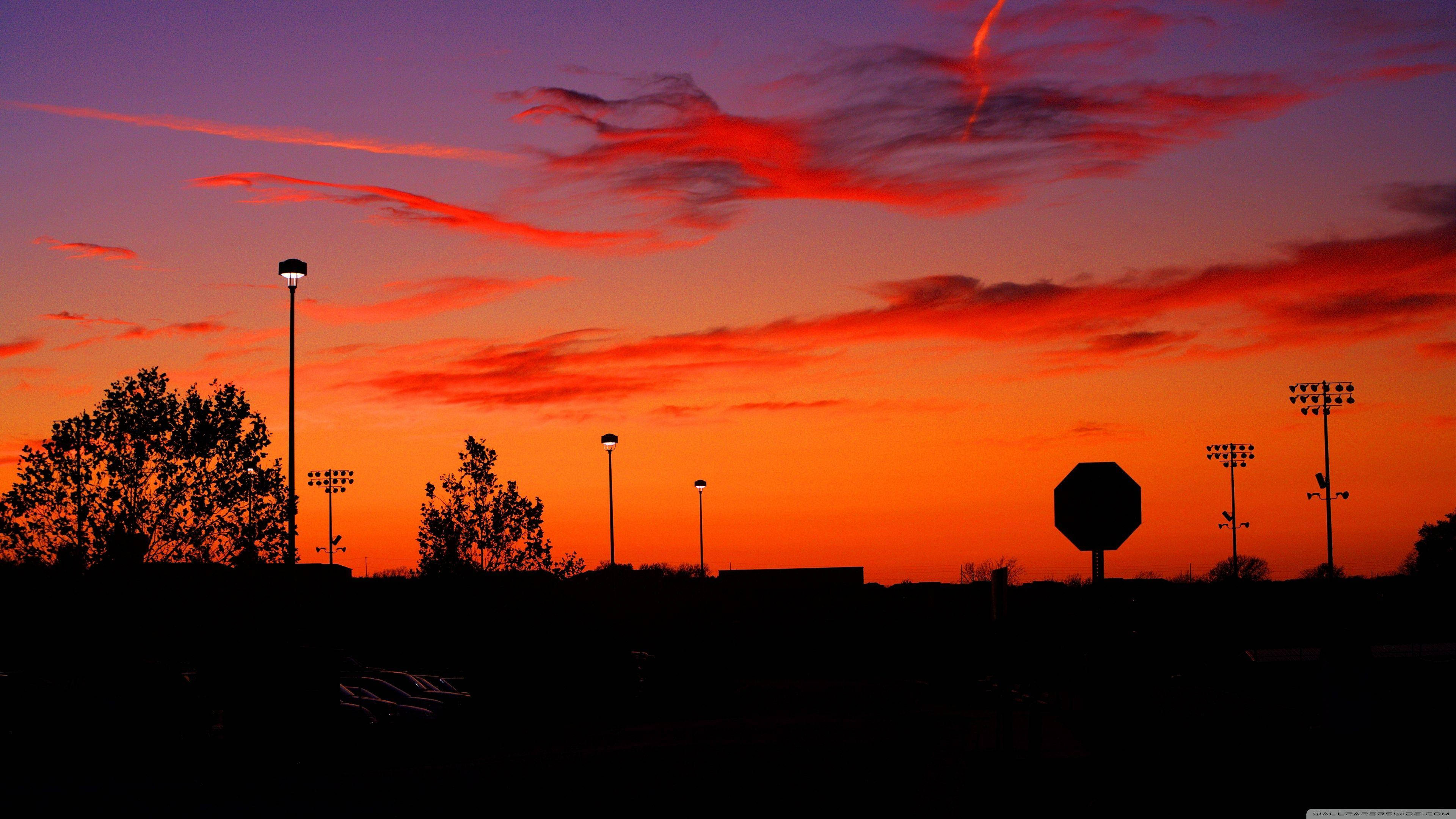 sunset, fiery orange, purple, 4K Desktop Wallpaper