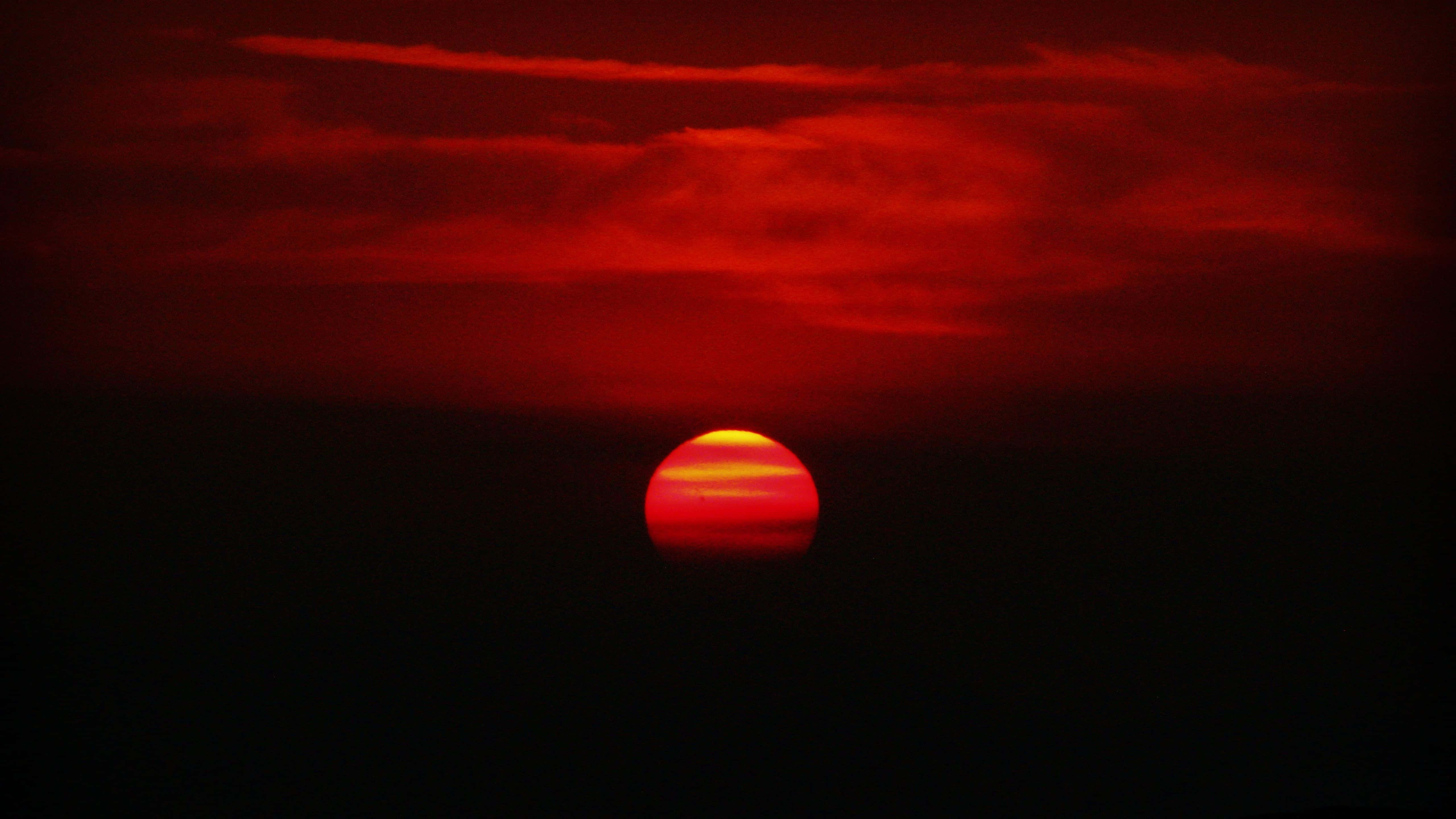 Red Sunset, fiery red sun, dark horizon, 5K Desktop Wallpaper