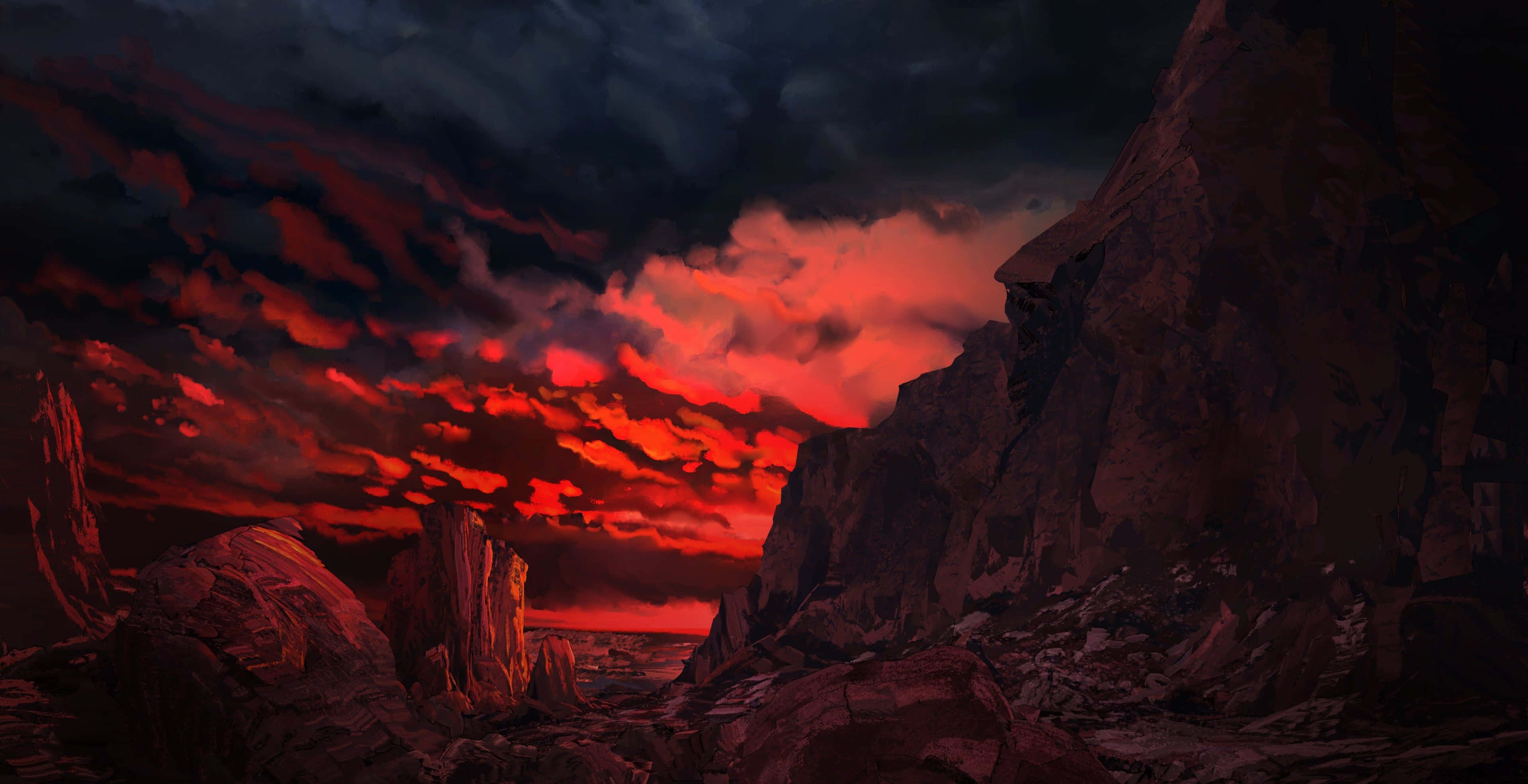 Red Sunset, anime-style canyon, fiery red clouds, 4K Desktop Wallpaper
