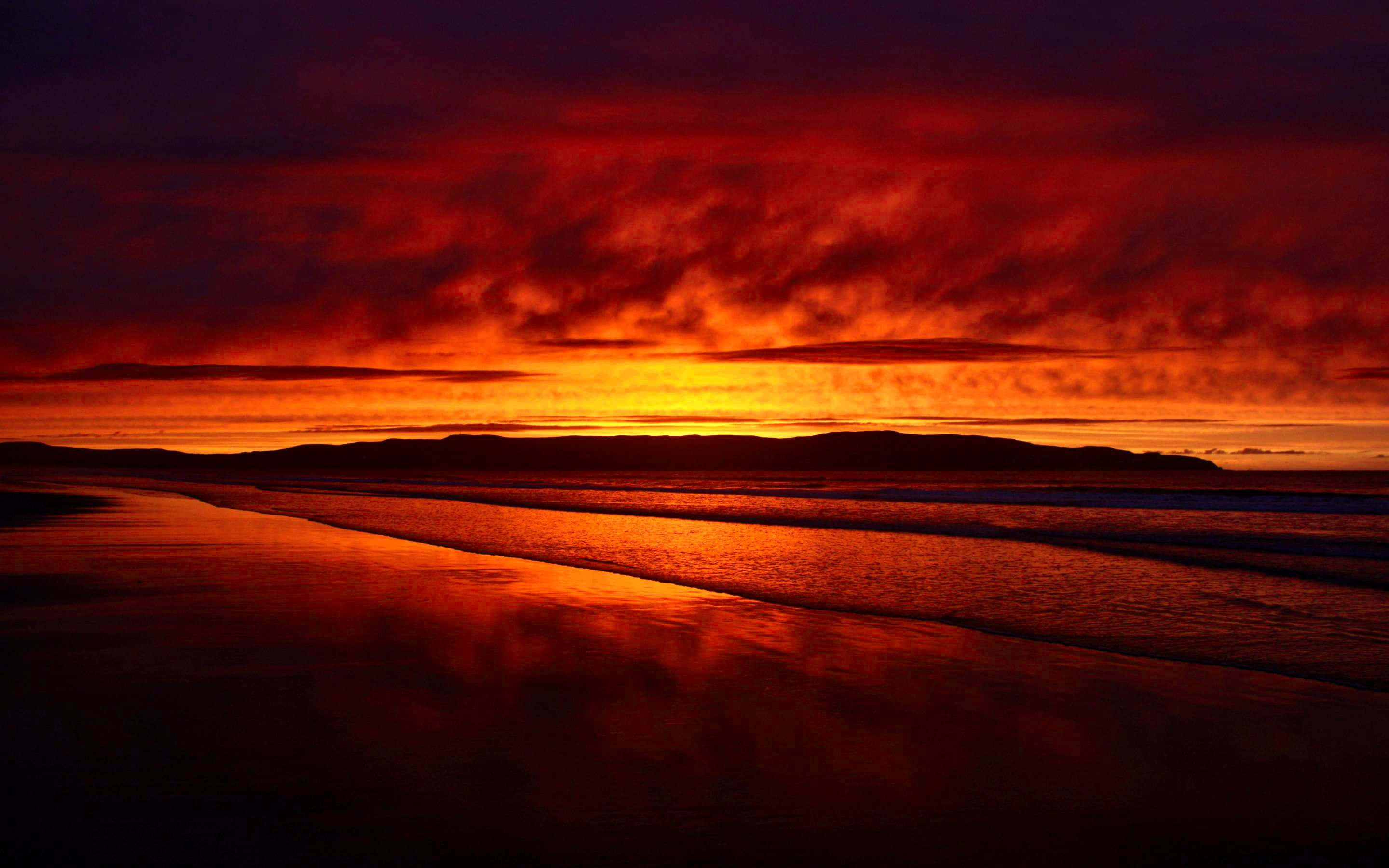 Red Sunset, beach, fiery sunset, 2K Desktop Wallpaper