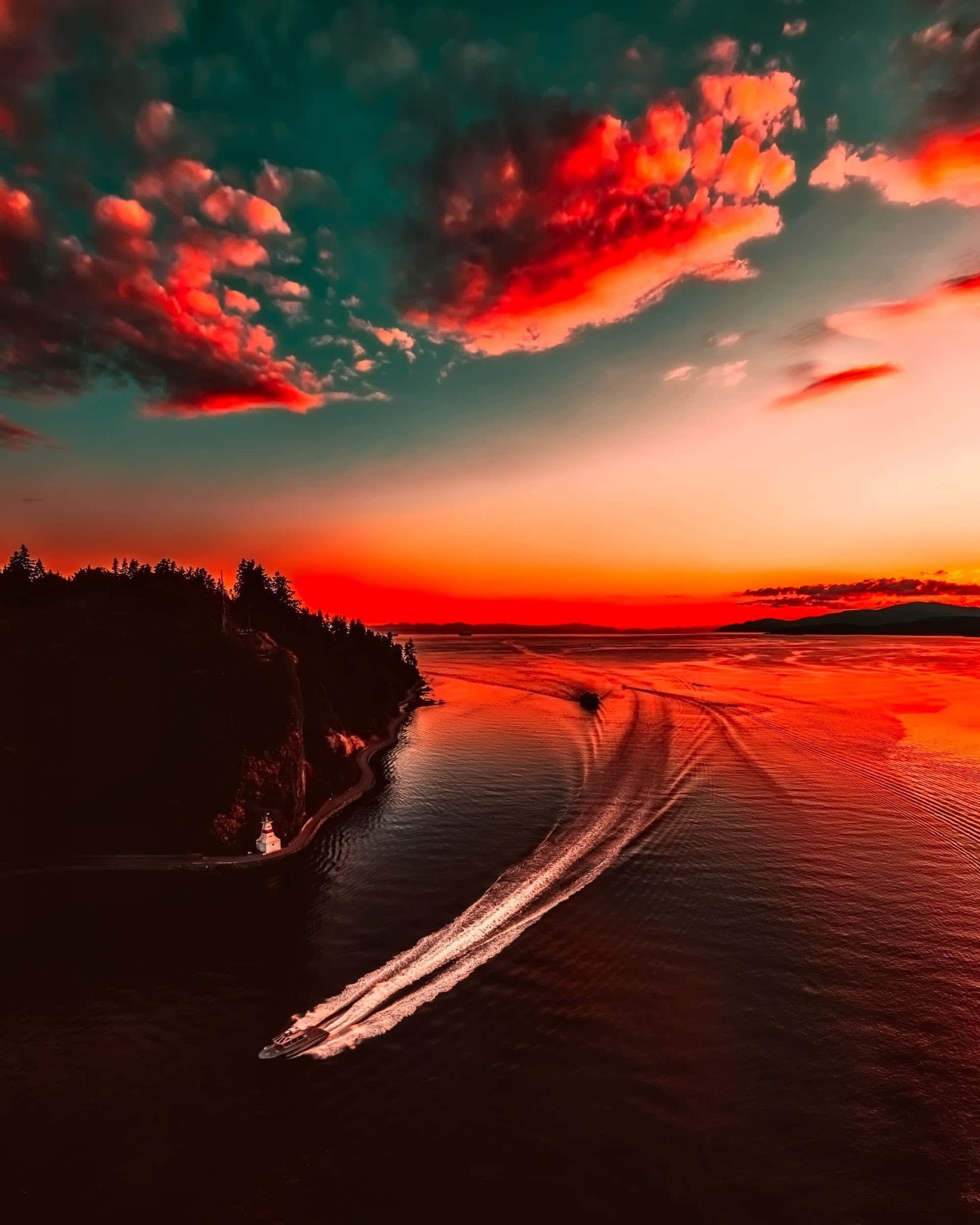 Red Sunset, speedboat, glowing red water, Full HD Phone Wallpaper