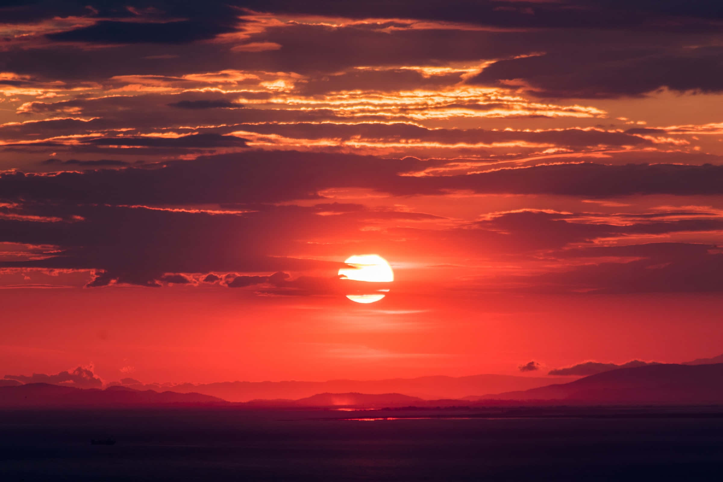 Red Sunset, fiery red sun, distant mountains, Full HD Desktop Wallpaper