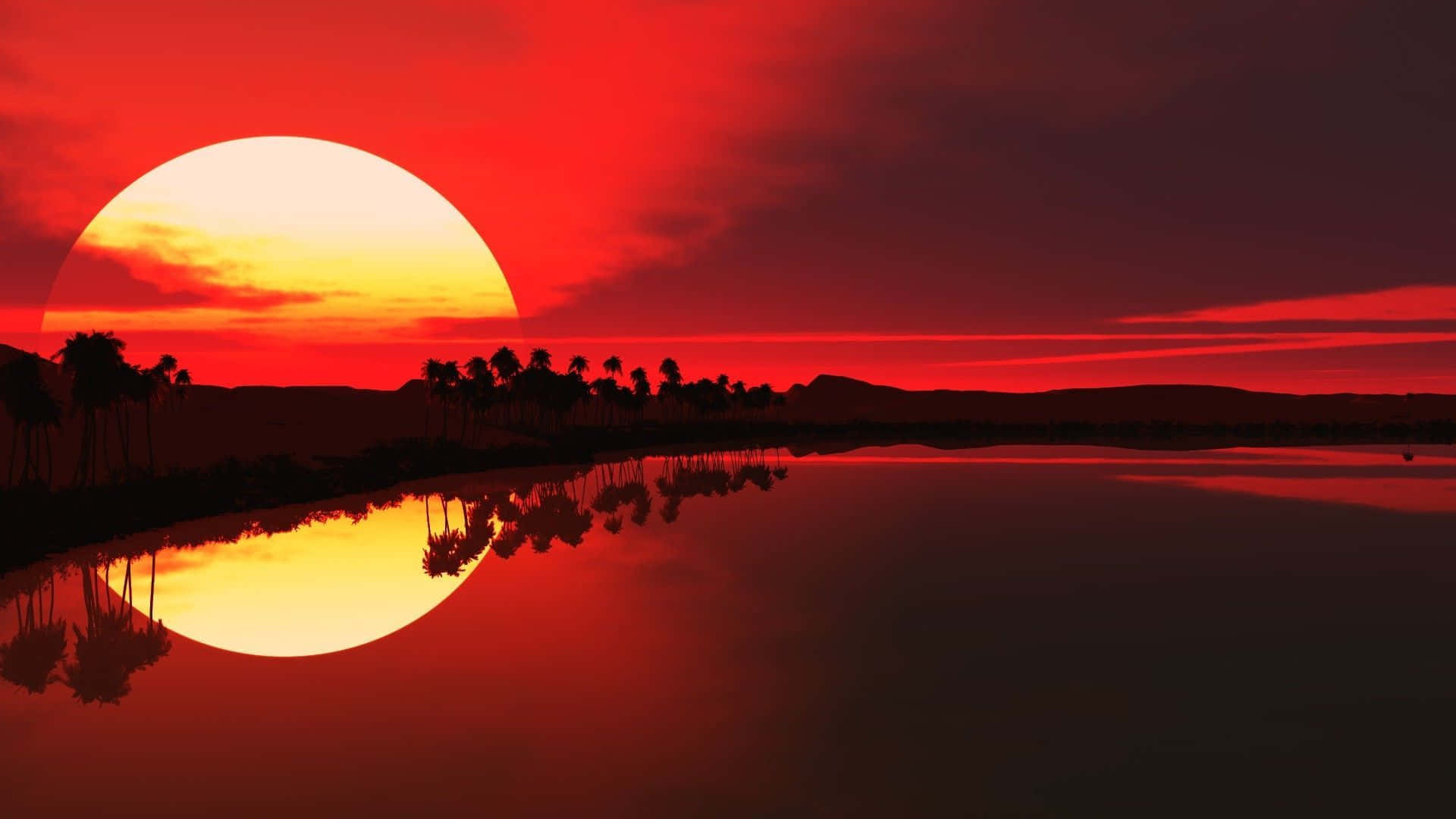 Red Sunset, 1920 x 1080, calm lake, Full HD Desktop Wallpaper