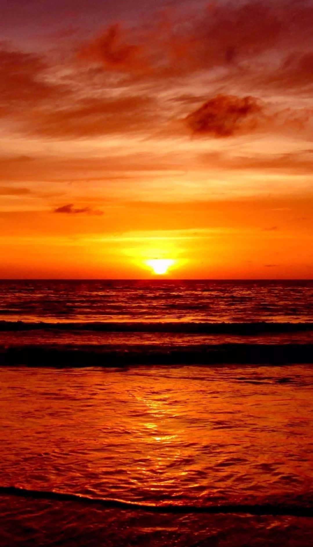 red sunset, ocean, glowing orange, HD Phone Wallpaper