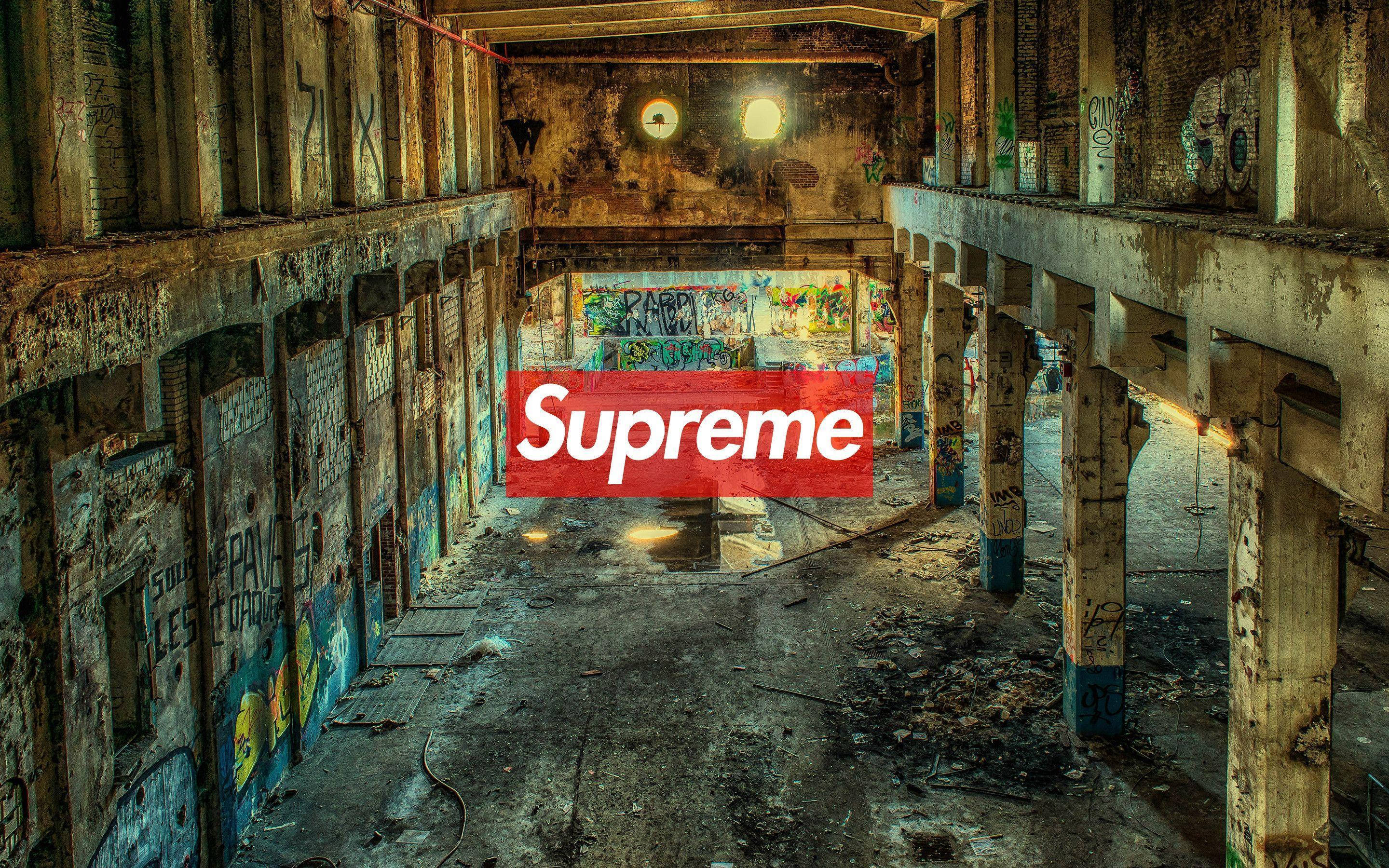 Red Supreme, Supreme logo, abandoned building, 2K Desktop Wallpaper