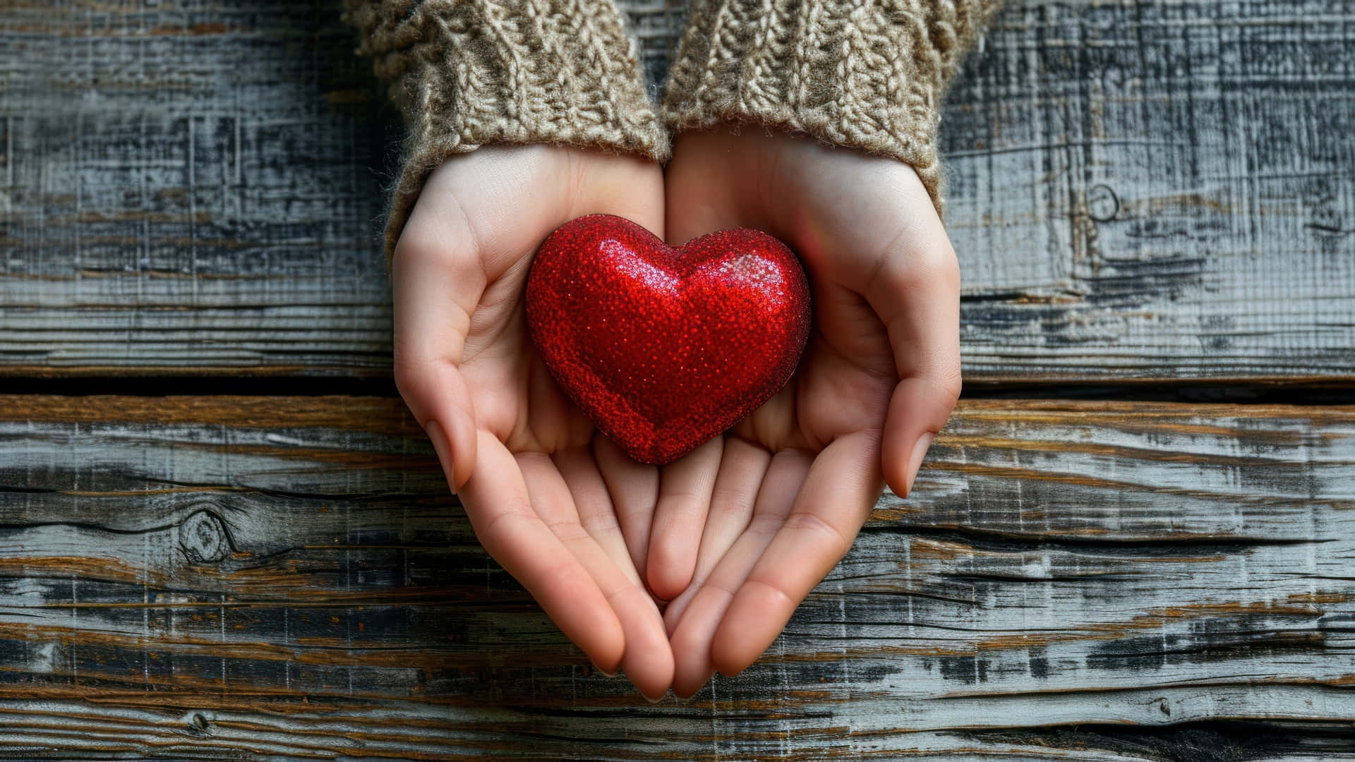 red glitter heart, warm sweater, cupped hands, Full HD Desktop Wallpaper