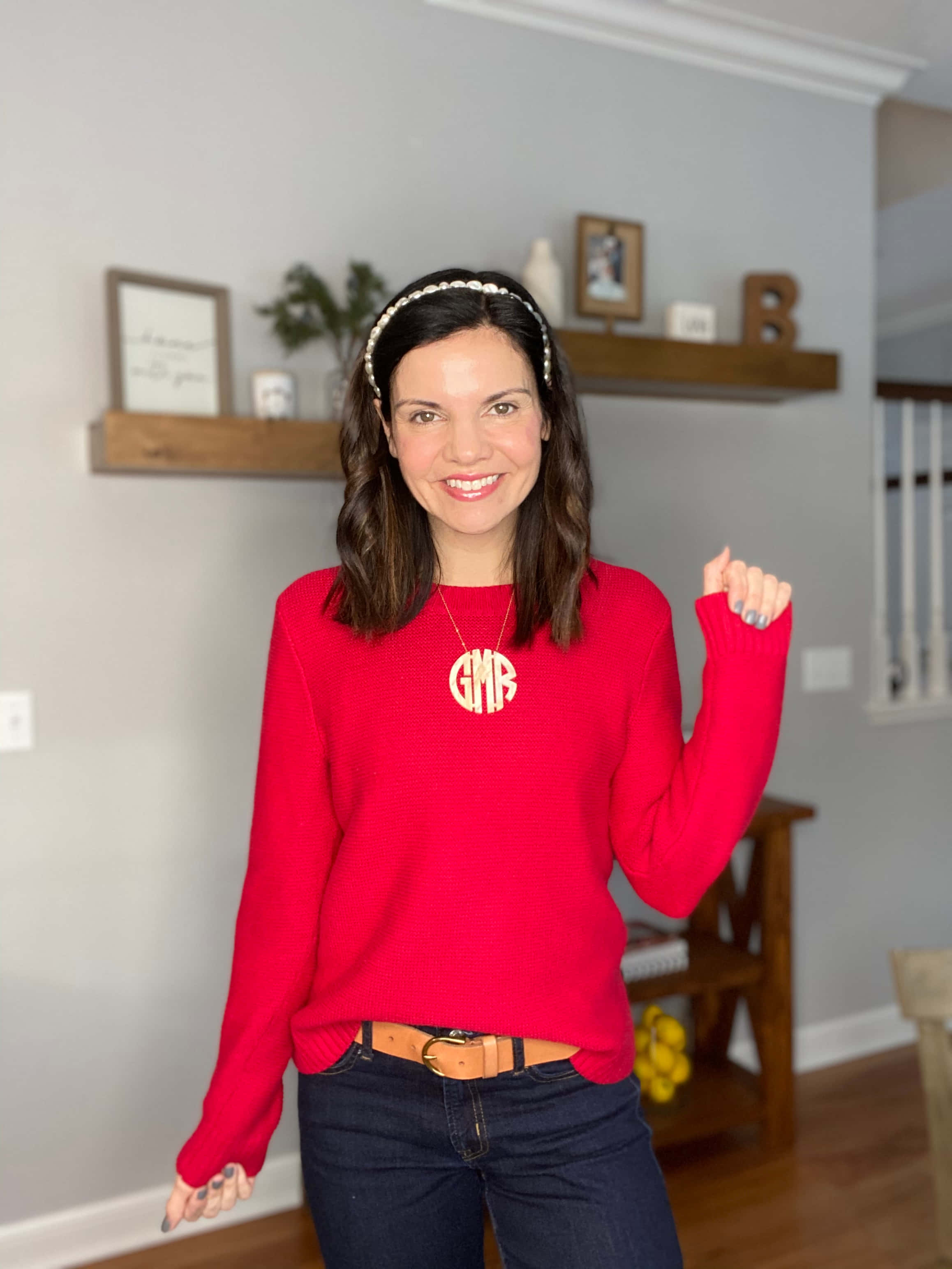 Red Sweater, bright red sweater, monogrammed pendant, 2K Phone Wallpaper