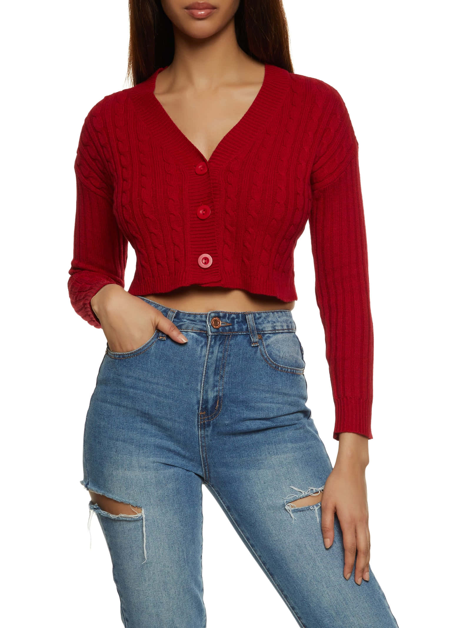 red sweater, cable-knit cardigan, buttons, Full HD Phone Wallpaper