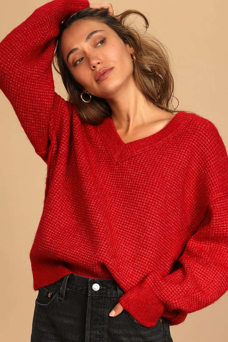 red sweater, woman, textured red sweater, SD Phone Wallpaper