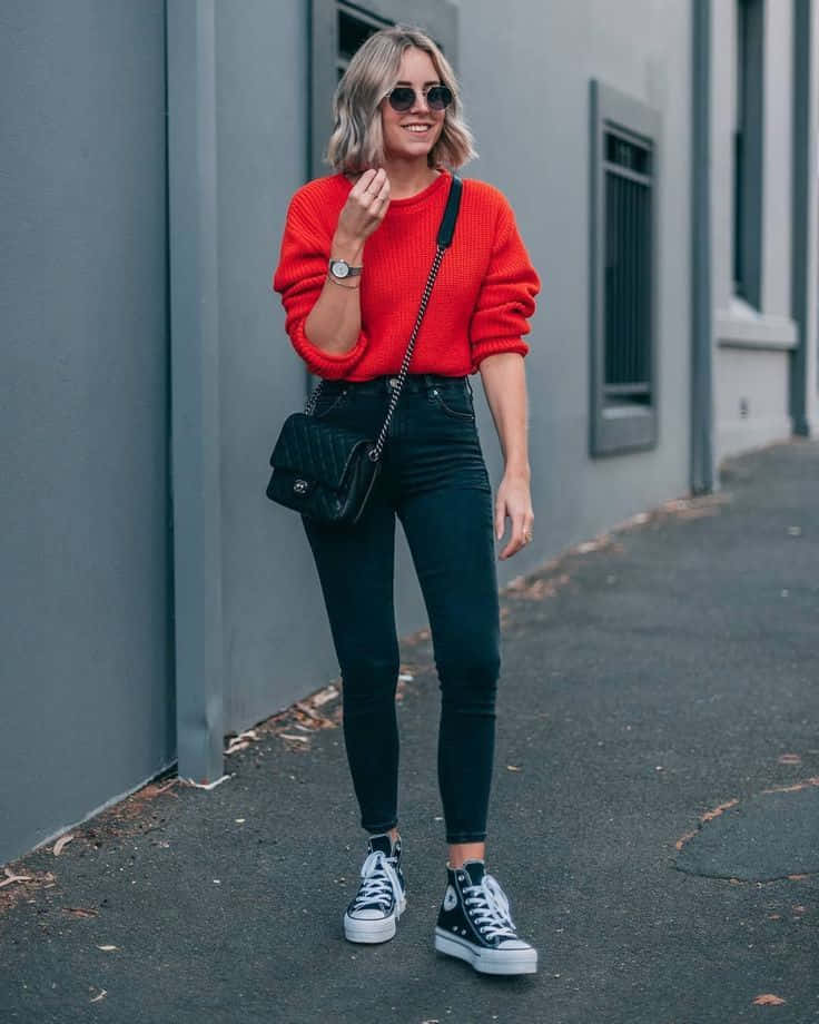 red sweater, black jeans, gray urban sidewalk, SD Phone Wallpaper