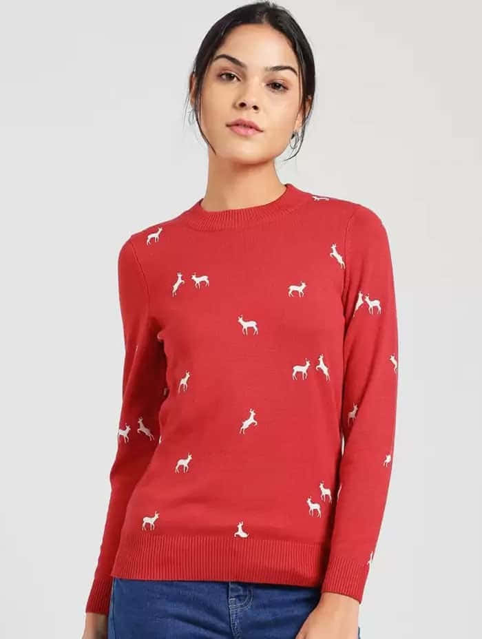 red sweater, vibrant red sweater, white deer silhouettes, SD Phone Wallpaper