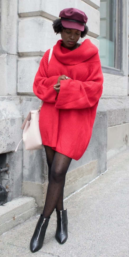 red sweater, maroon cap, stone building, SD Phone Wallpaper
