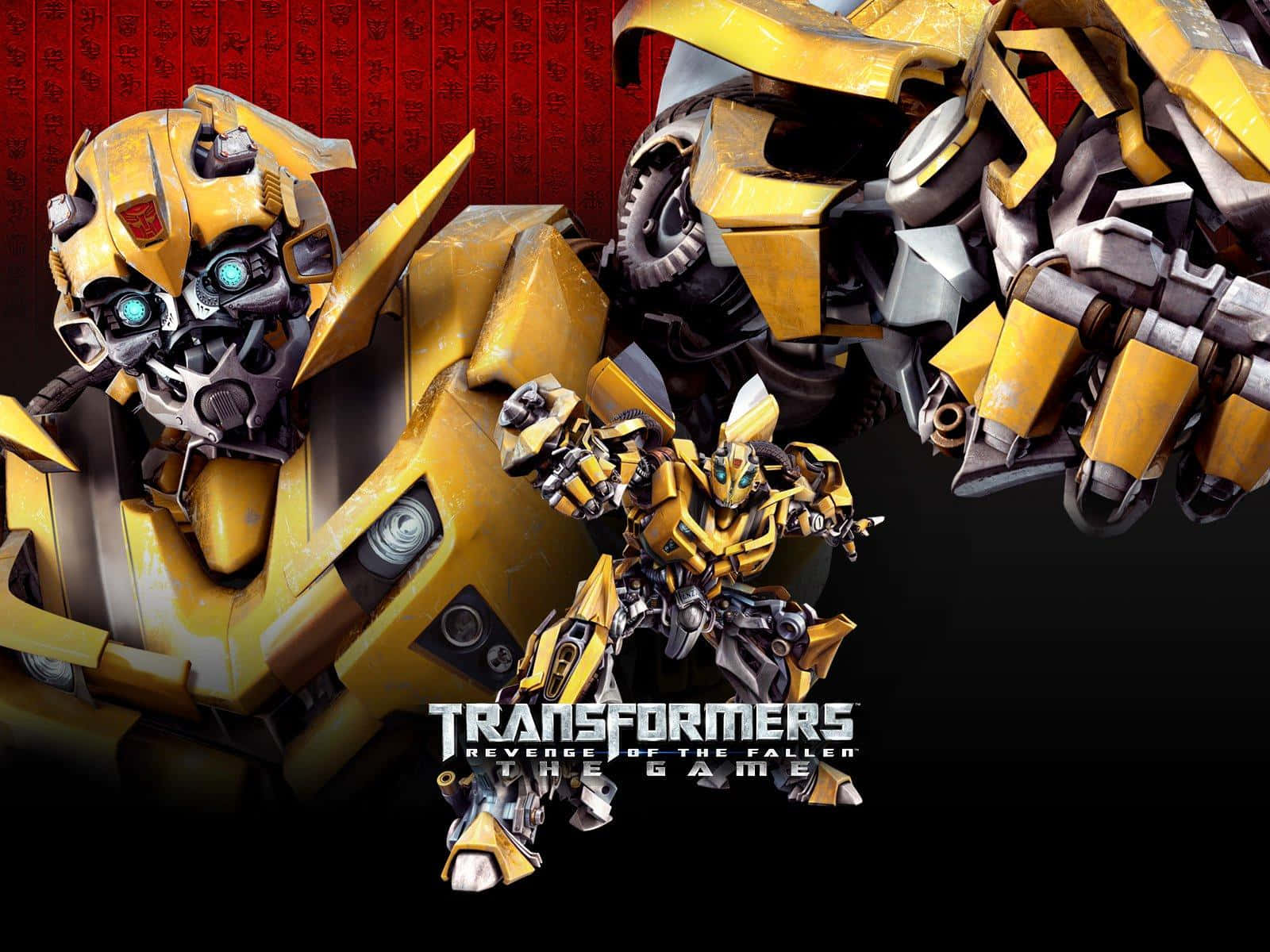 Bumblebee, yellow Transformers robots, red patterned backdrop, HD Desktop Wallpaper