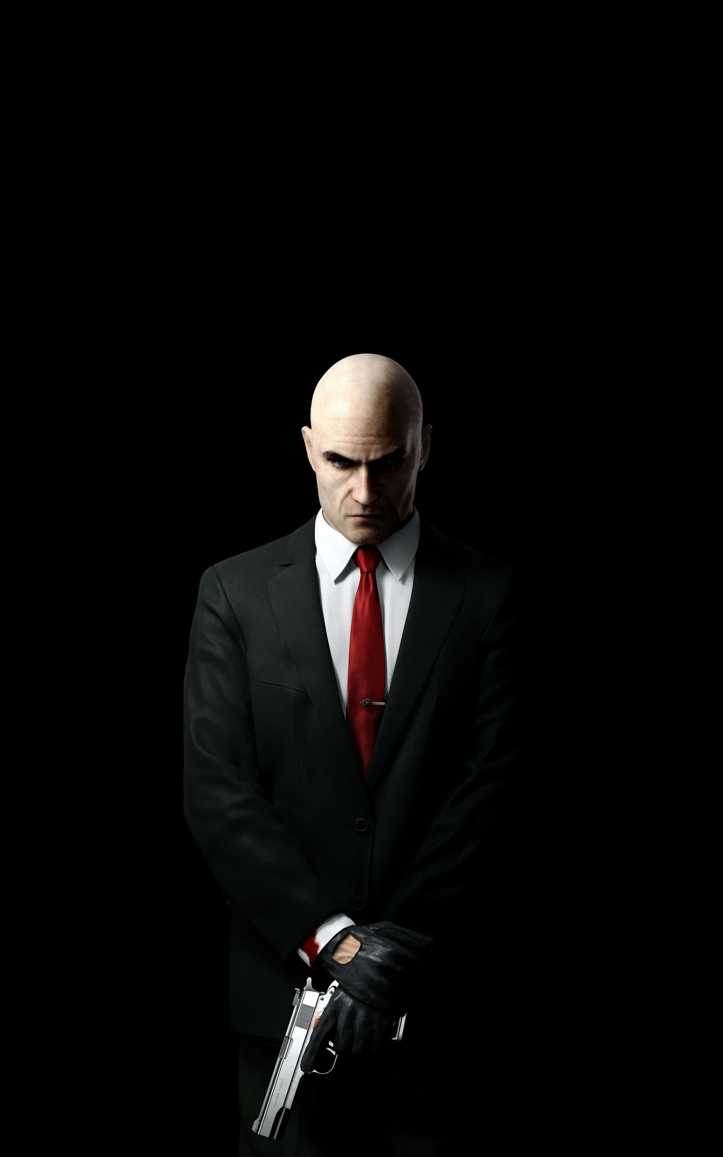 red tie, black suit, silver pistol, 4K Phone Wallpaper