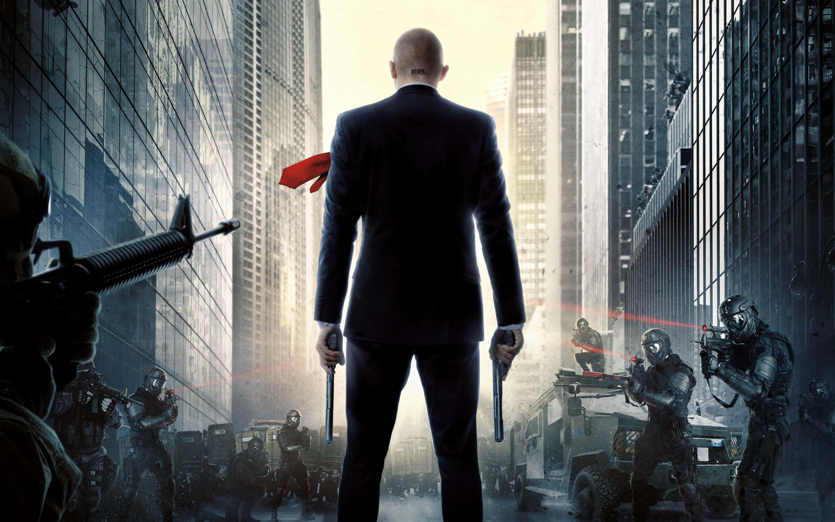Red Tie, bald man, black suit, 2K Desktop Wallpaper
