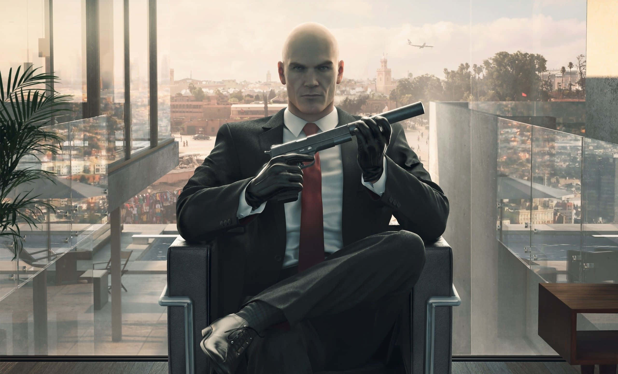 Red Tie, white shirt, bald man, 2K Desktop Wallpaper