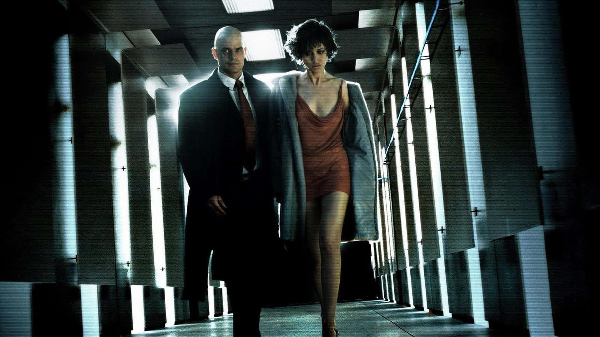 red tie, fluorescent-lit corridor, towering pillars, Full HD Desktop Wallpaper