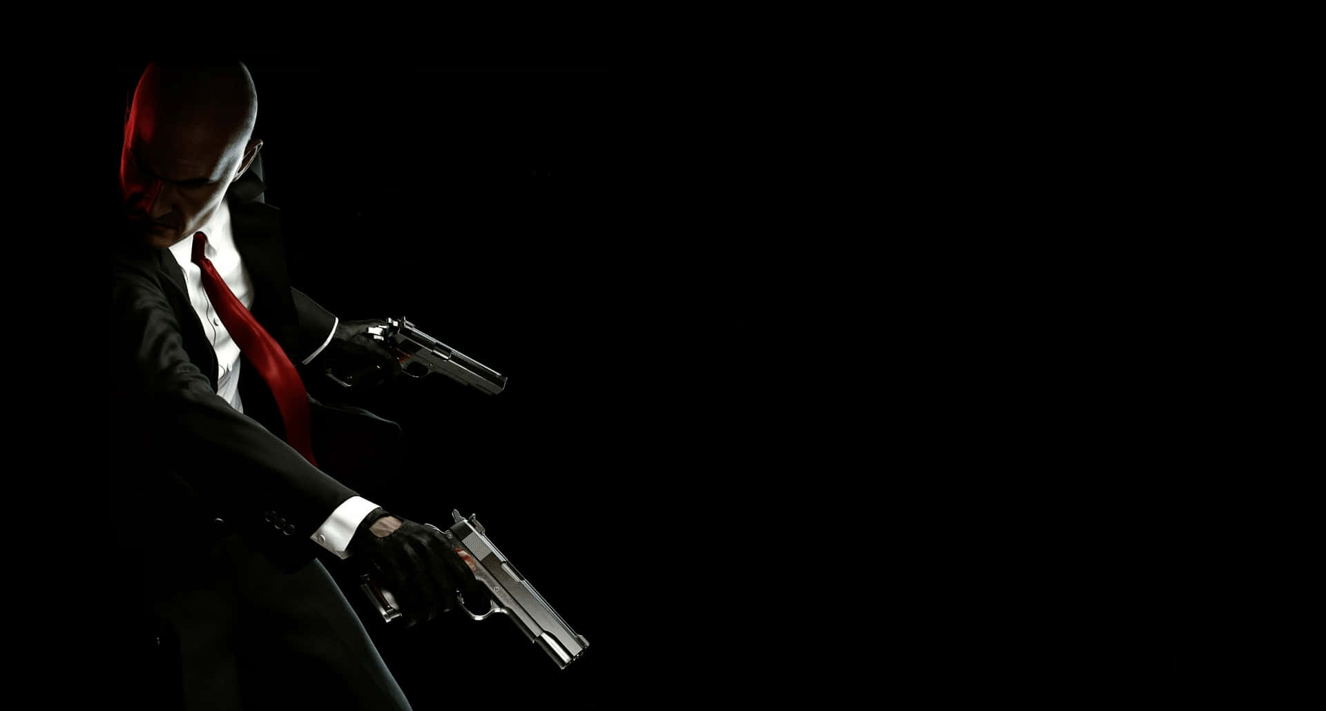 red tie, black suit, bald man, Full HD Desktop Wallpaper
