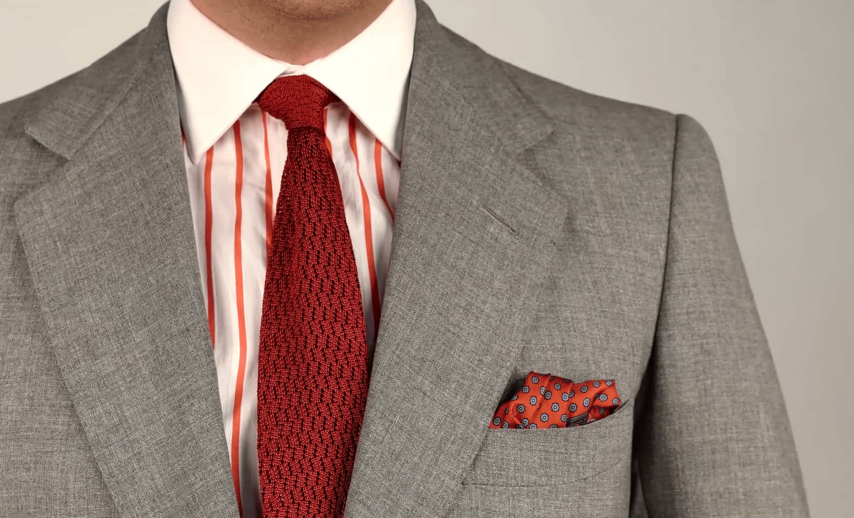red textured tie, gray suit, pocket square, HD Desktop Wallpaper