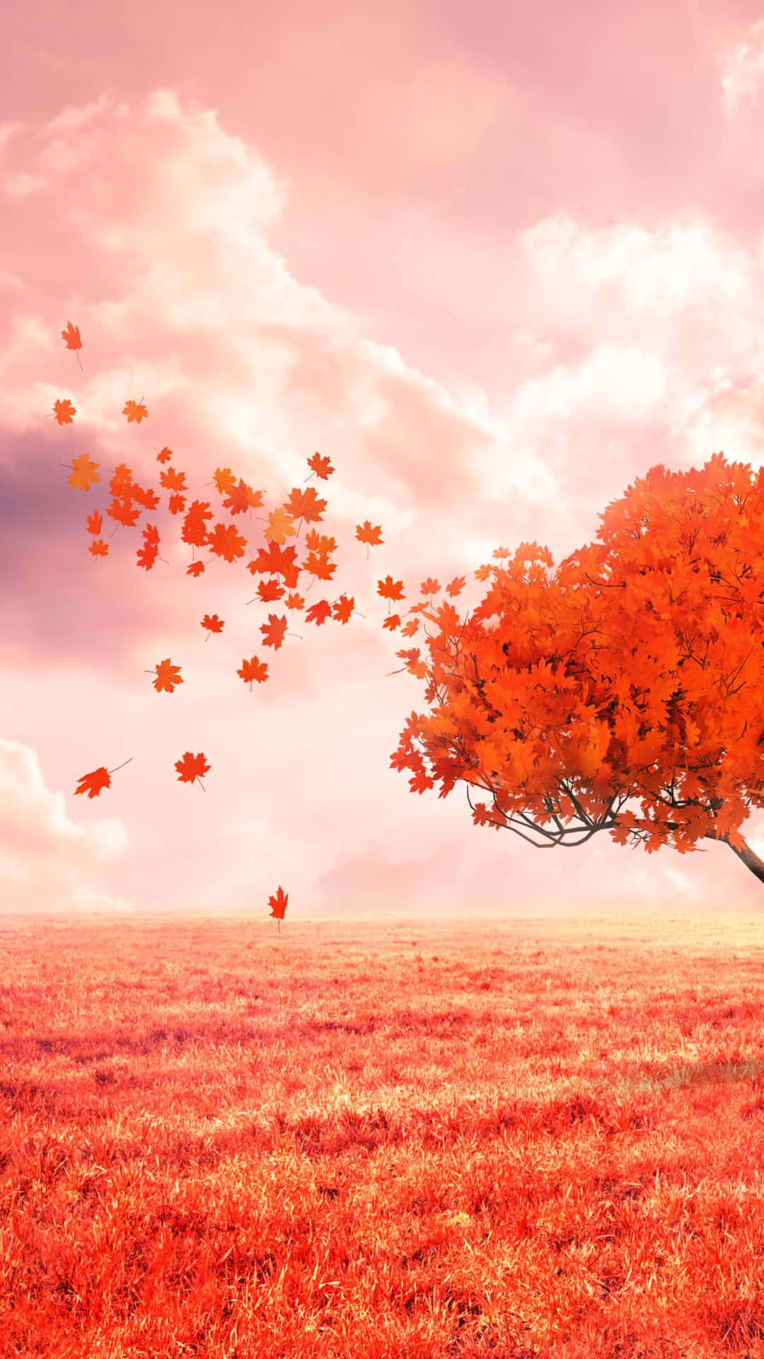 Red Tree, fiery orange leaves, red grass, Full HD Phone Wallpaper