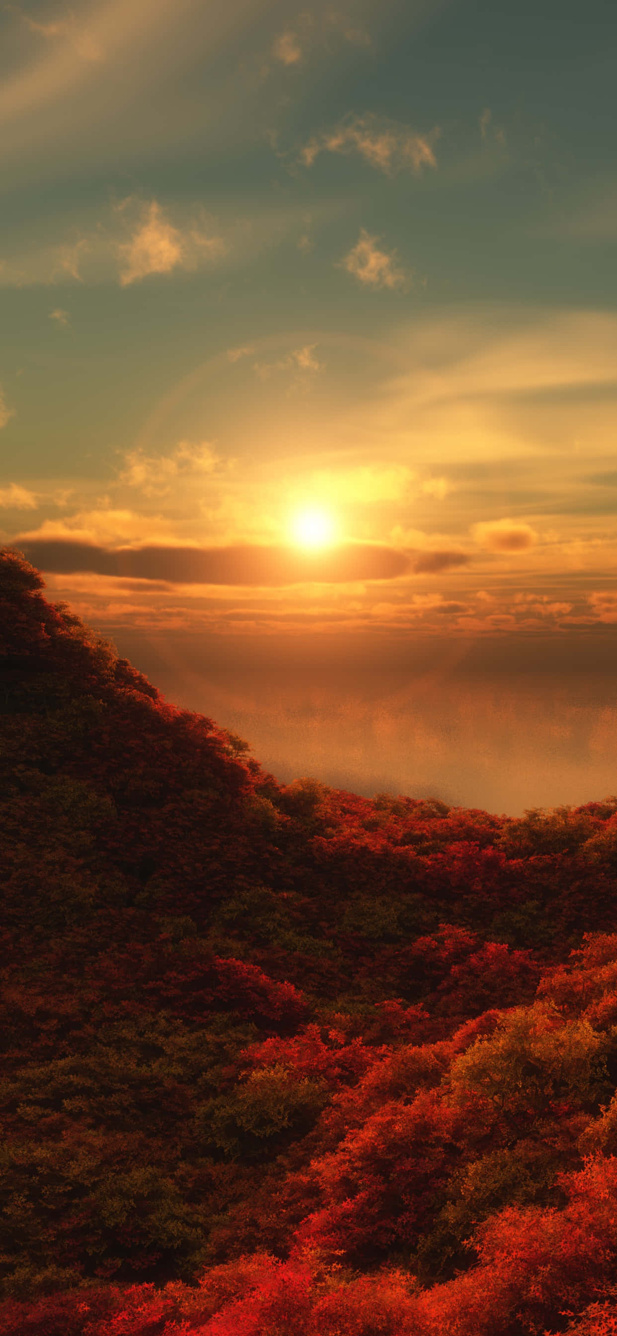 red tree, autumn sunset, forested mountain ridge, 2K Phone Wallpaper
