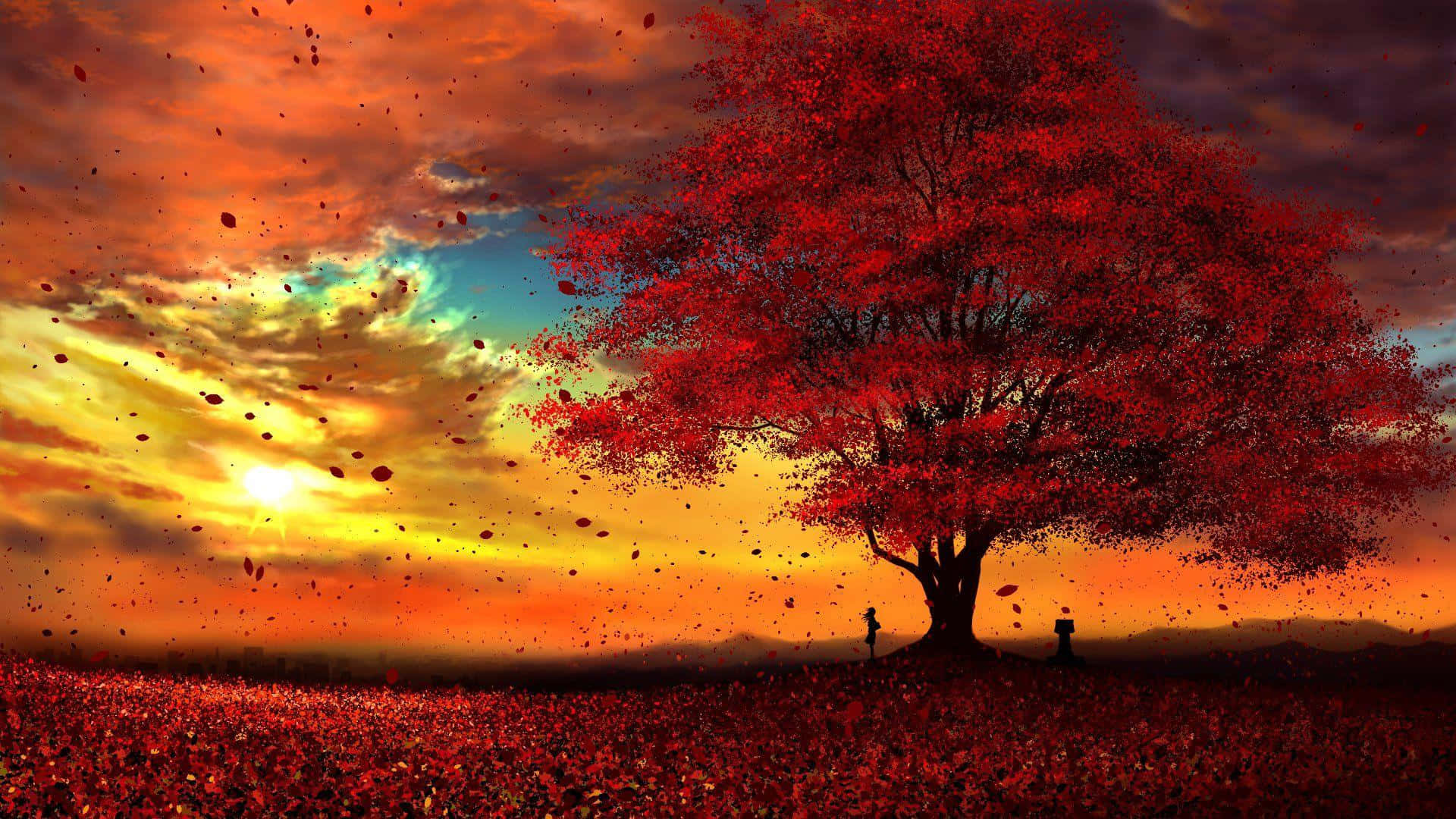 red tree, sunrise, fiery sunset sky, Full HD Desktop Wallpaper