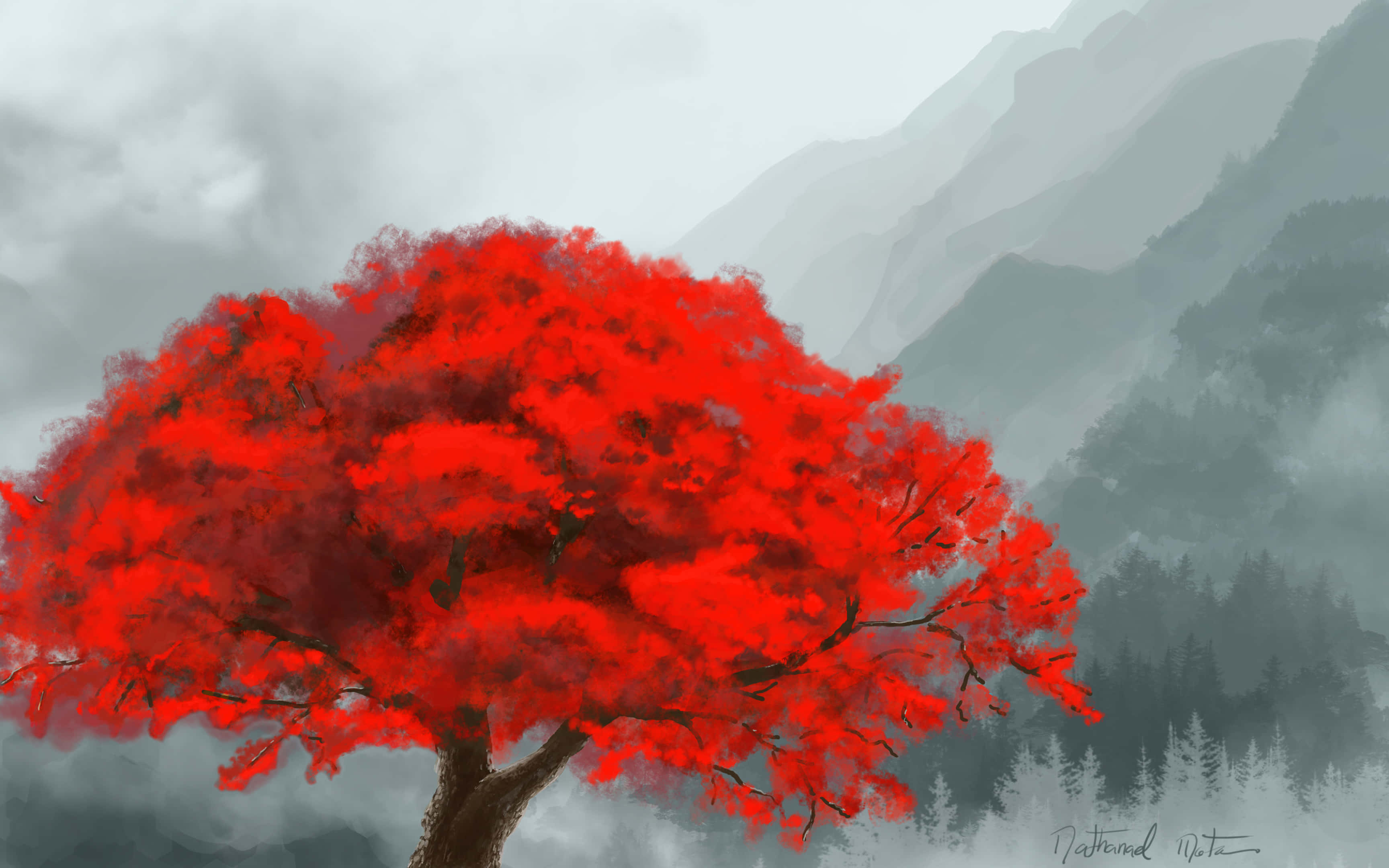 Red Tree, vibrant red tree, misty gray mountains, 2K Desktop Wallpaper
